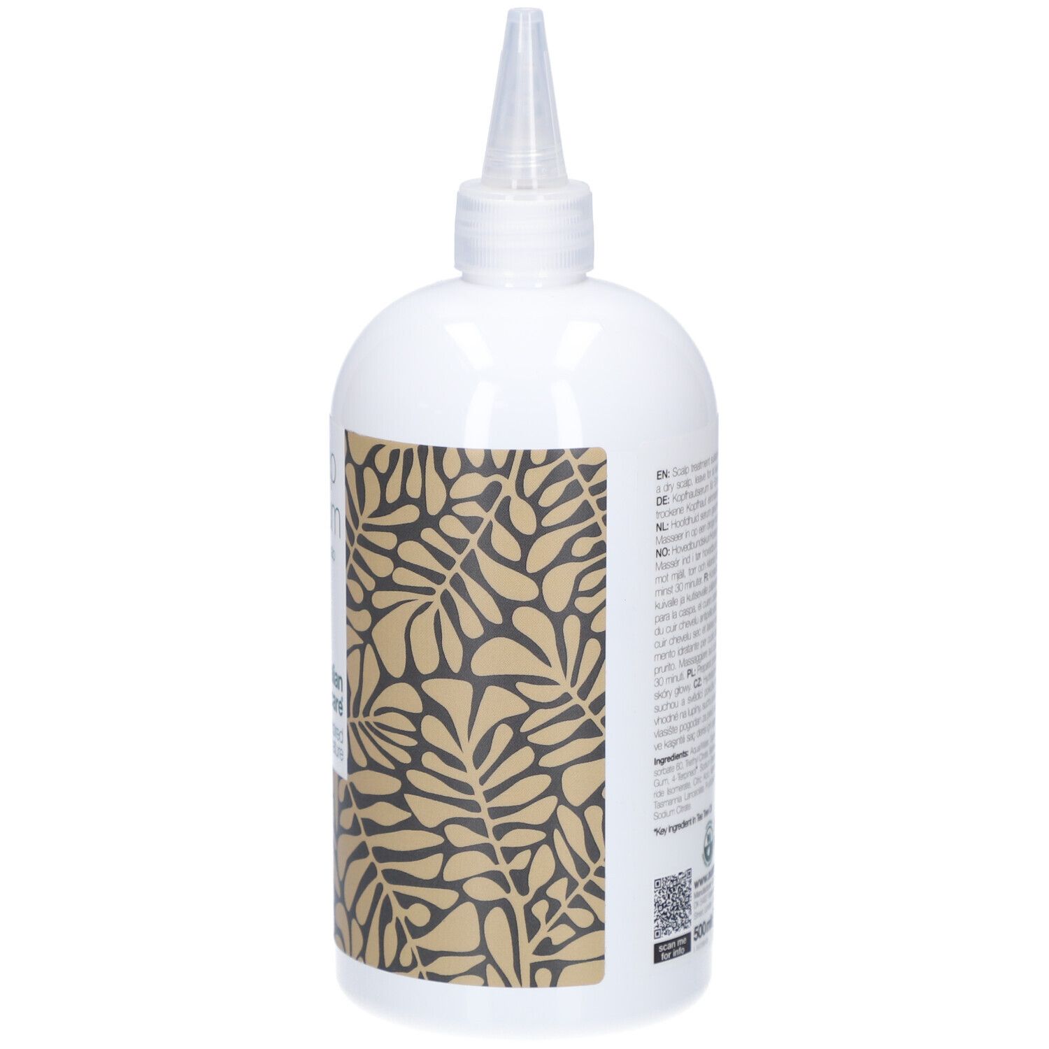 Rückseite der Serumflasche. Weiß, mit Aufdruck und Applikatorspitze. Text in mehreren Sprachen.