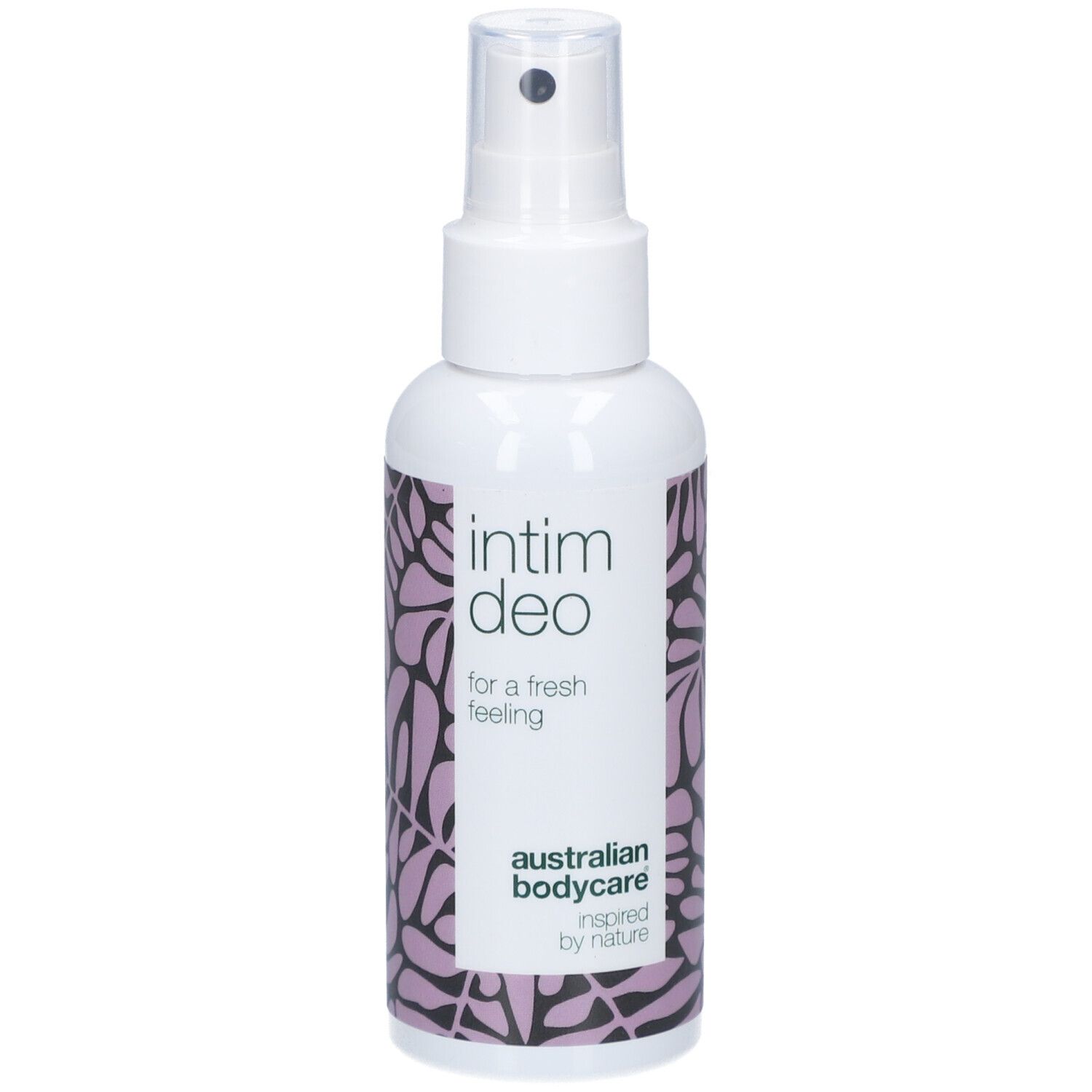 Weißes Spray mit Aufschrift Intim Deo. Floralmuster. Marke Australian Bodycare.
