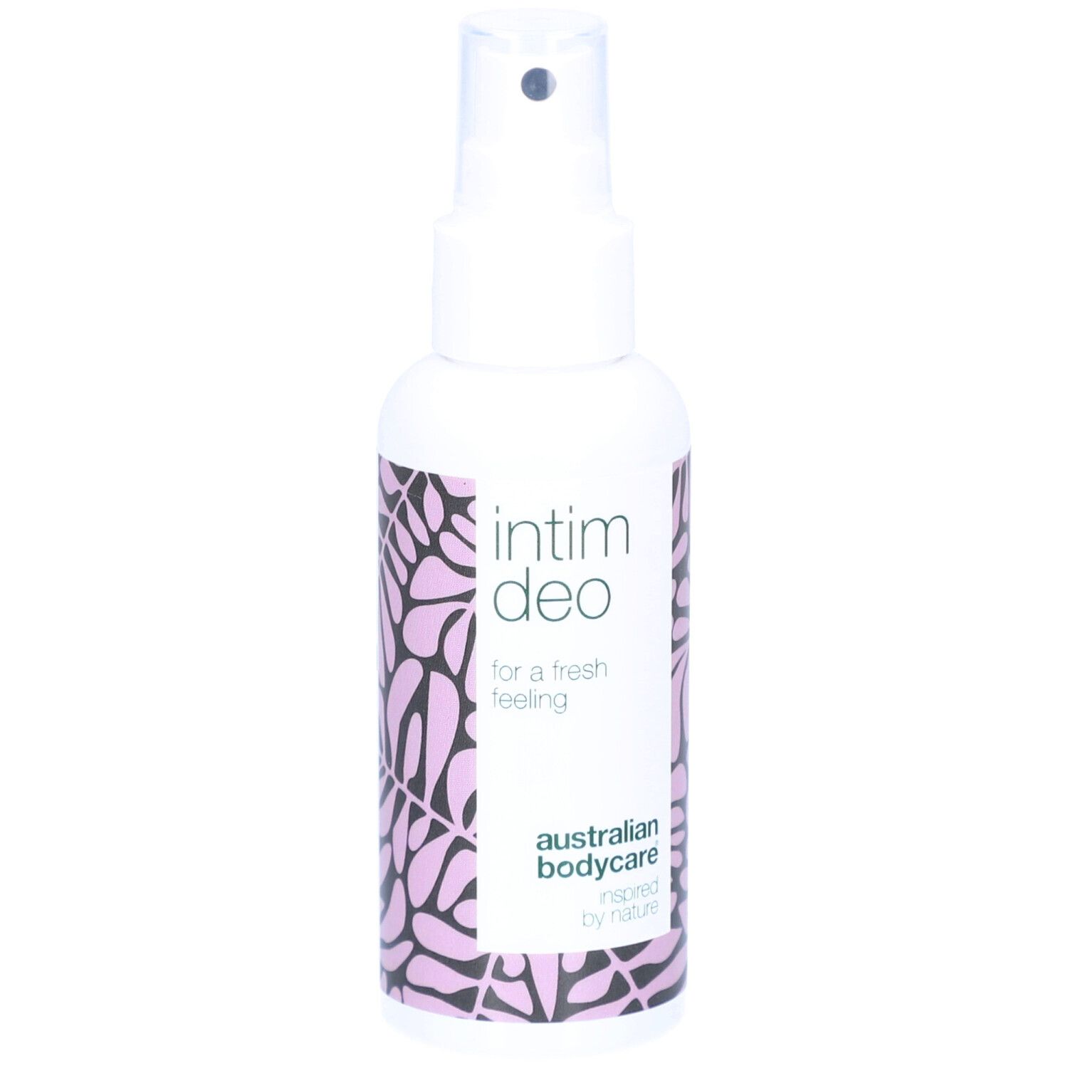 Weißes Spray mit Aufschrift Intim Deo. Floralmuster. Marke Australian Bodycare.