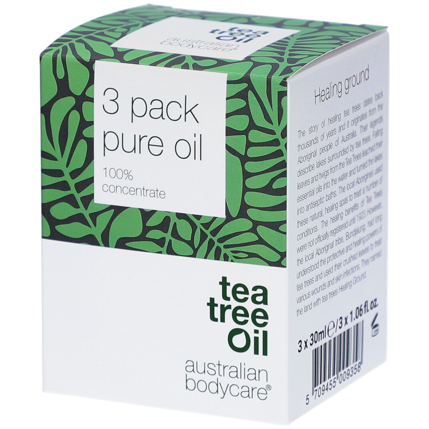 Verpackung mit 3 Flaschen Teebaumöl. Grün-weißes Design mit Produktinformationen und Logo.