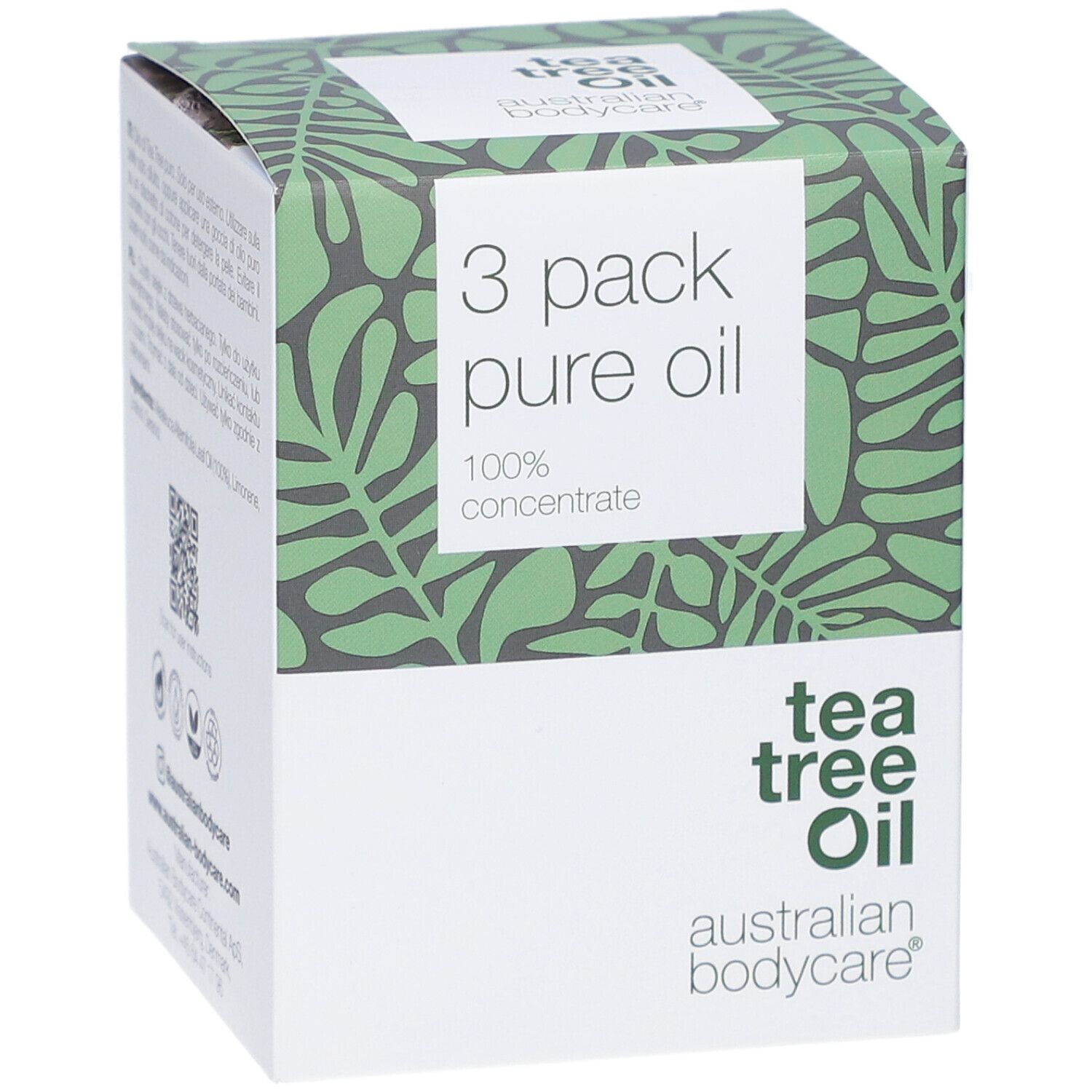 Verpackung mit 3 Flaschen Teebaumöl. Grün-weißes Design mit Produktinformationen und Logo.