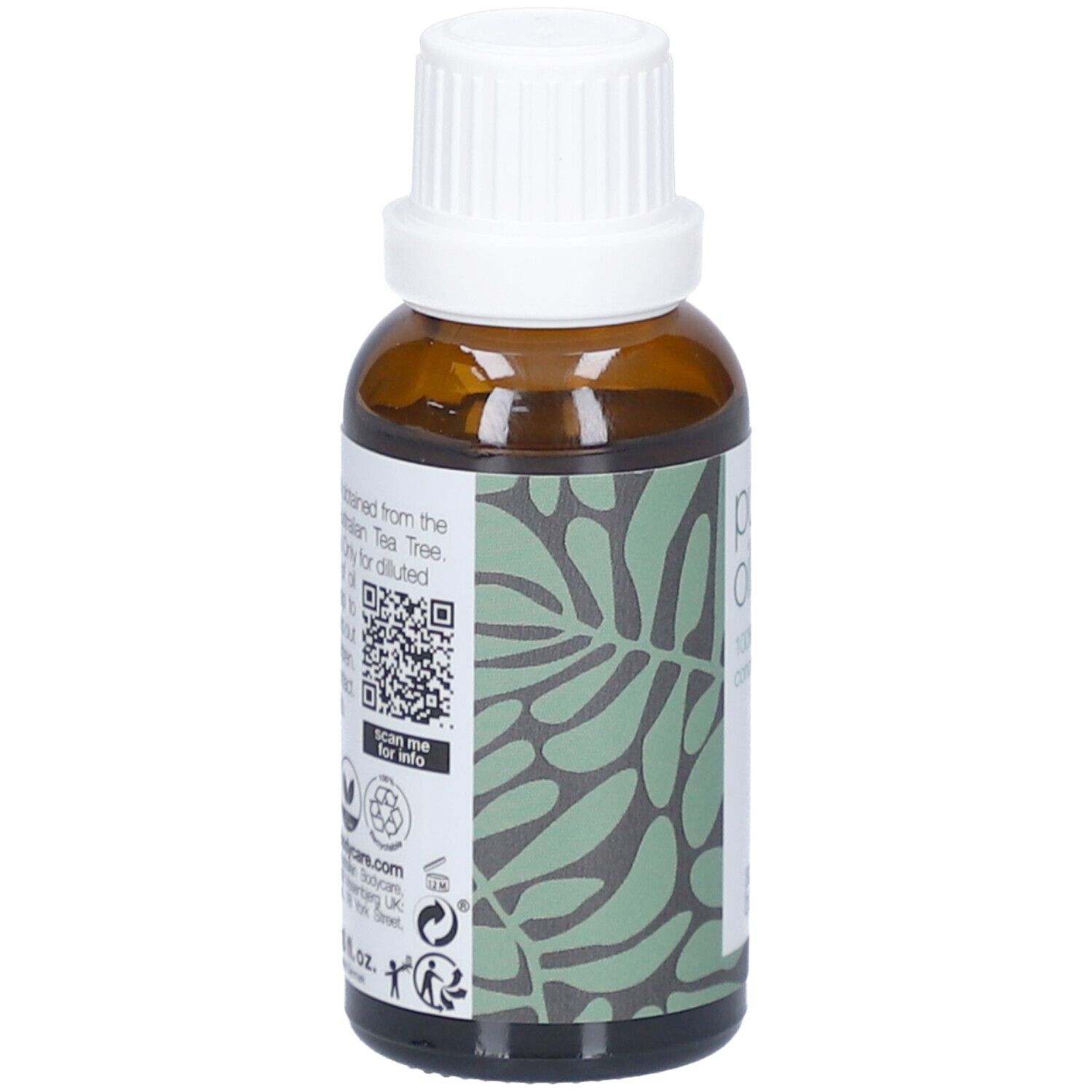 Braune Glasflasche mit weißem Deckel. Etikett mit Text und QR-Code. Text: pure oil, 100% concentrate, tea tree oil, australian bodycare.