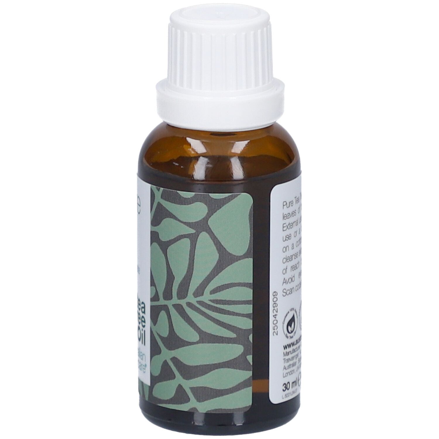 Braune Glasflasche mit weißem Deckel. Etikett mit Text: tea tree oil, australian bodycare. 30 ml, 1 US fl.oz.
