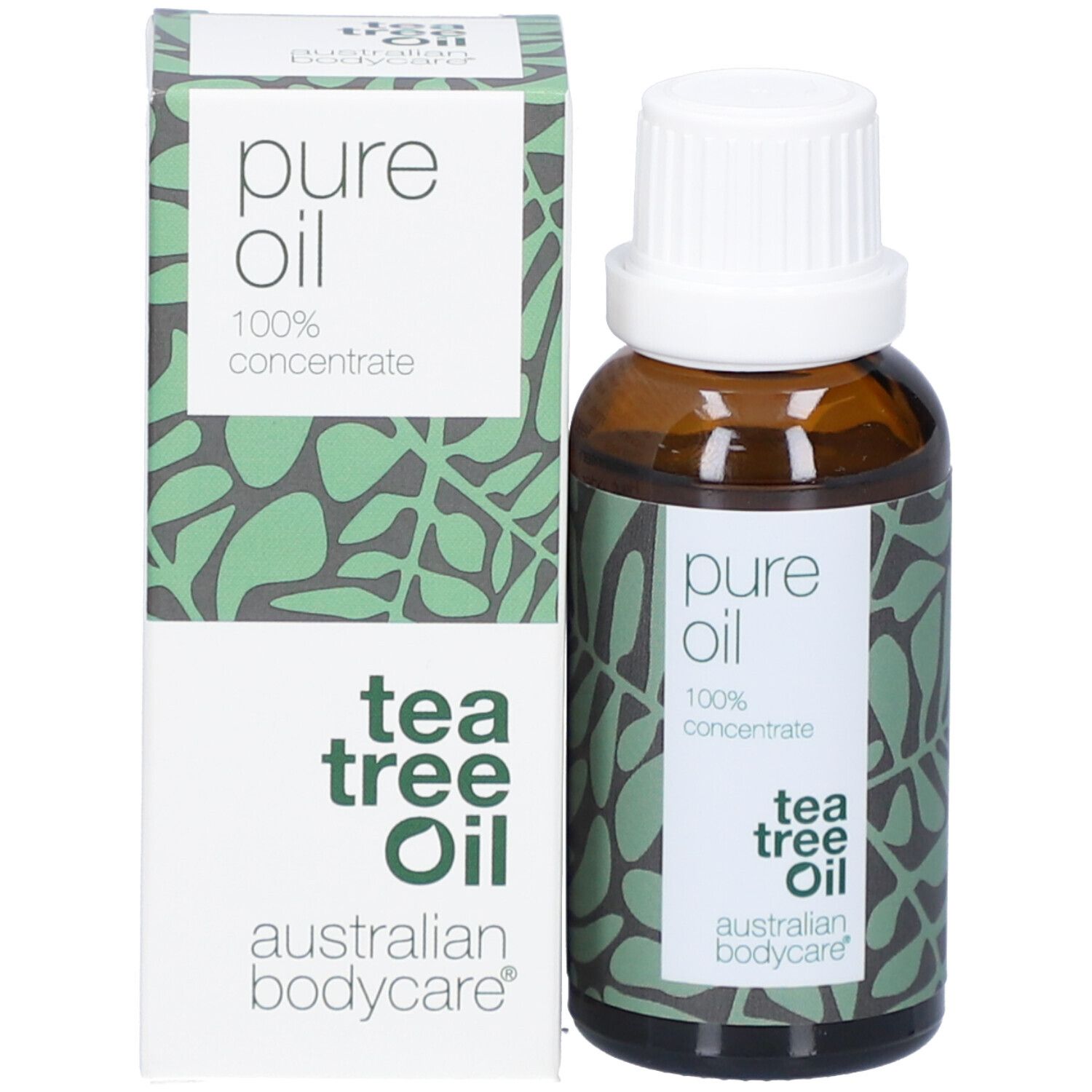 Produktflasche und Schachtel. Flasche: braun, weißer Deckel. Schachtel: weiß, grün. Text: pure oil, tea tree oil, australian bodycare.