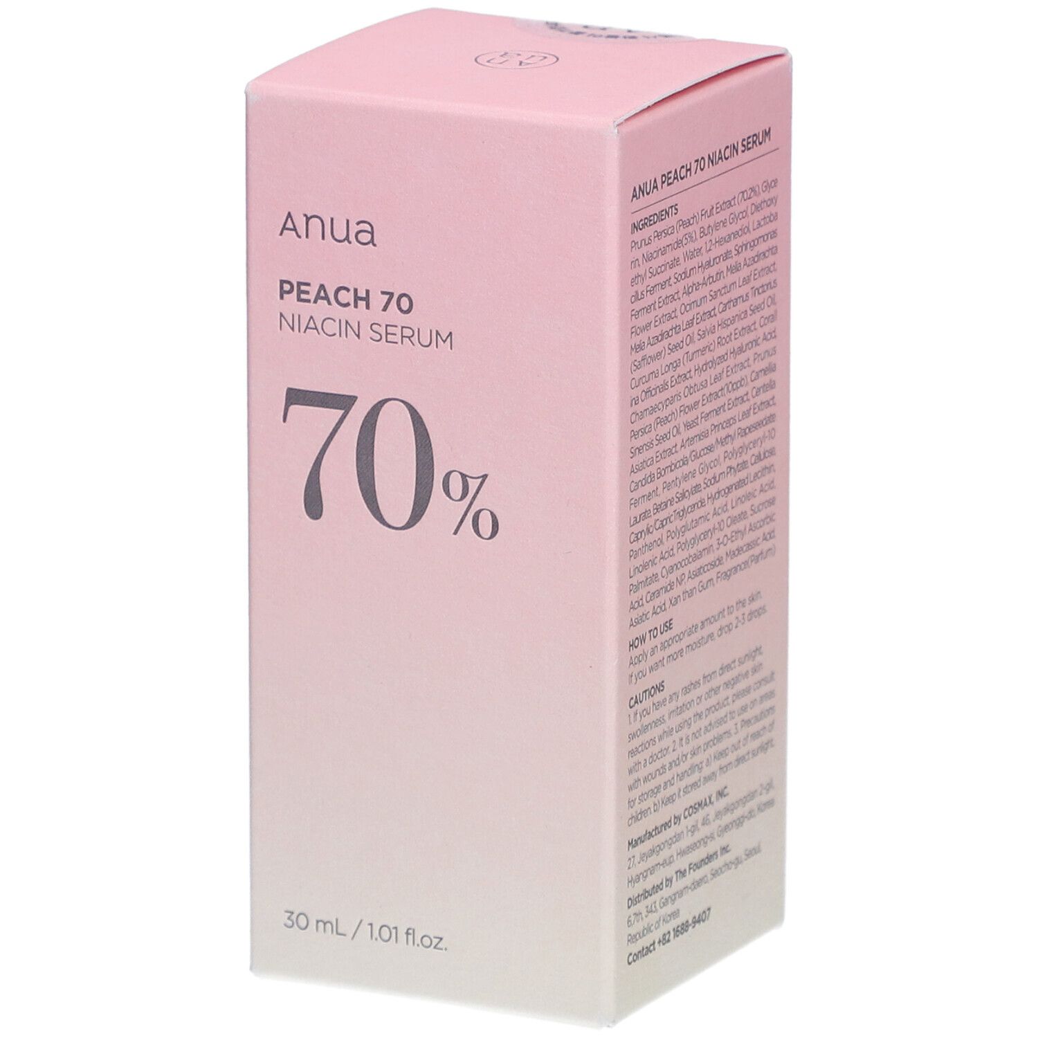 Rosafarbene Schachtel mit Produktinformationen. Aufschrift: Anua, PEACH 70, NIACIN SERUM, 70%. 30 ml / 1.01 fl.oz.