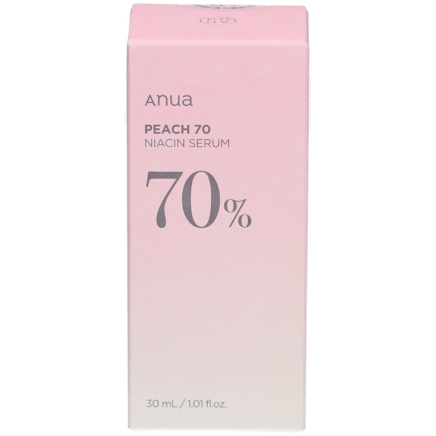 Rosa Schachtel. Aufschrift: Anua, PEACH 70, NIACIN SERUM, 70%. 30 ml / 1.01 fl.oz.