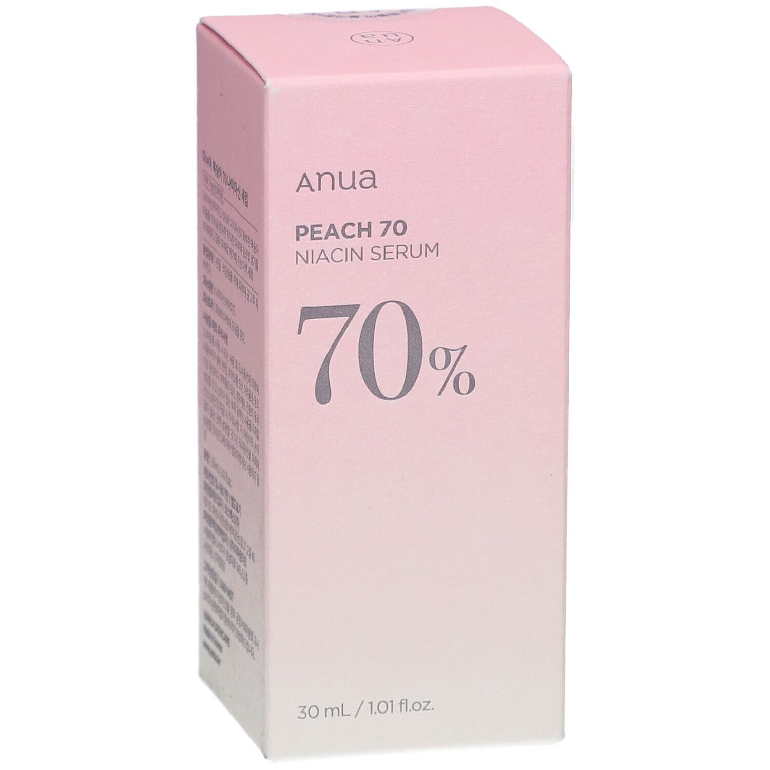 Rosa Schachtel. Aufschrift: Anua, PEACH 70, NIACIN SERUM, 70%. 30 ml / 1.01 fl.oz.