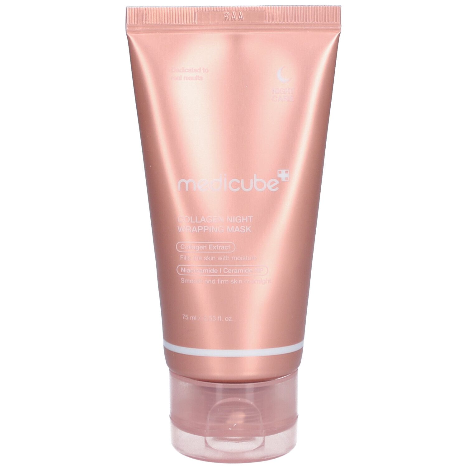 Rosa Tube mit Produkttext. Marke: medicube+. Produktname: Collagen Night Wrapping Mask. 75 ml.