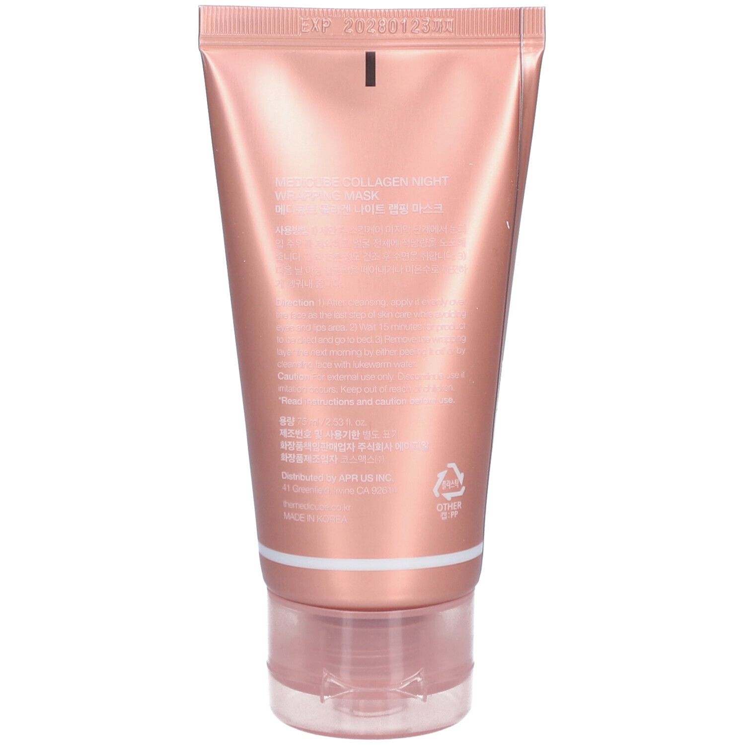 Rückseite einer rosa Tube. Produktinformationen und Inhaltsstoffe sind aufgedruckt. Marke: medicube+.