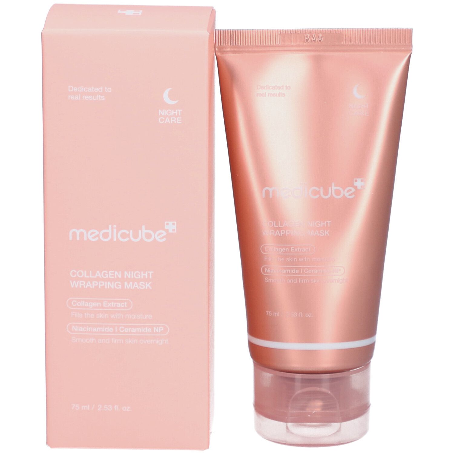 Rosa Verpackung und Tube. Marke: medicube+. Produktname: Collagen Night Wrapping Mask. 75 ml.