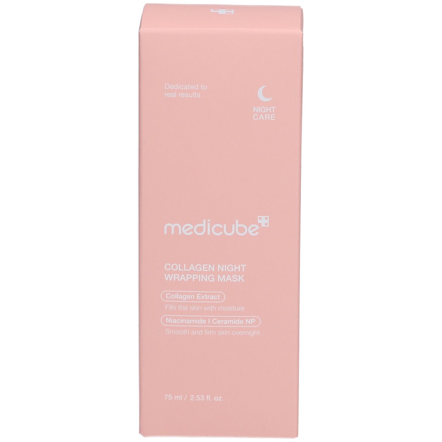 Rosa Verpackung. Marke: medicube+. Produktname: Collagen Night Wrapping Mask. Produktinformationen sind aufgedruckt.