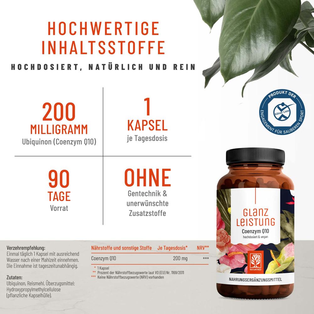 Infografik mit Text und Flasche. Text: Hochwertige Inhaltsstoffe, 200 mg Coenzym Q10, 90 Tage Vorrat.