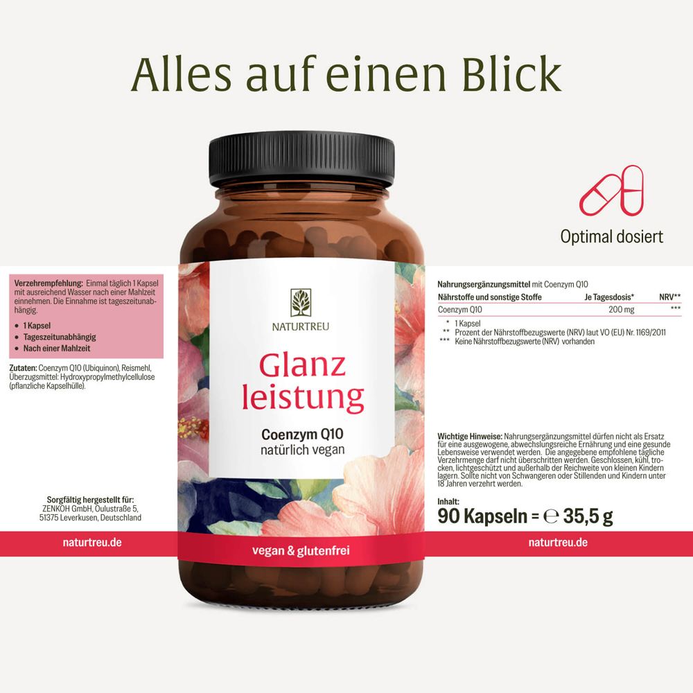 Verpackung von Coenzym Q10. Dekoriert mit tropischen Blumen. Enthält 90 Kapseln.