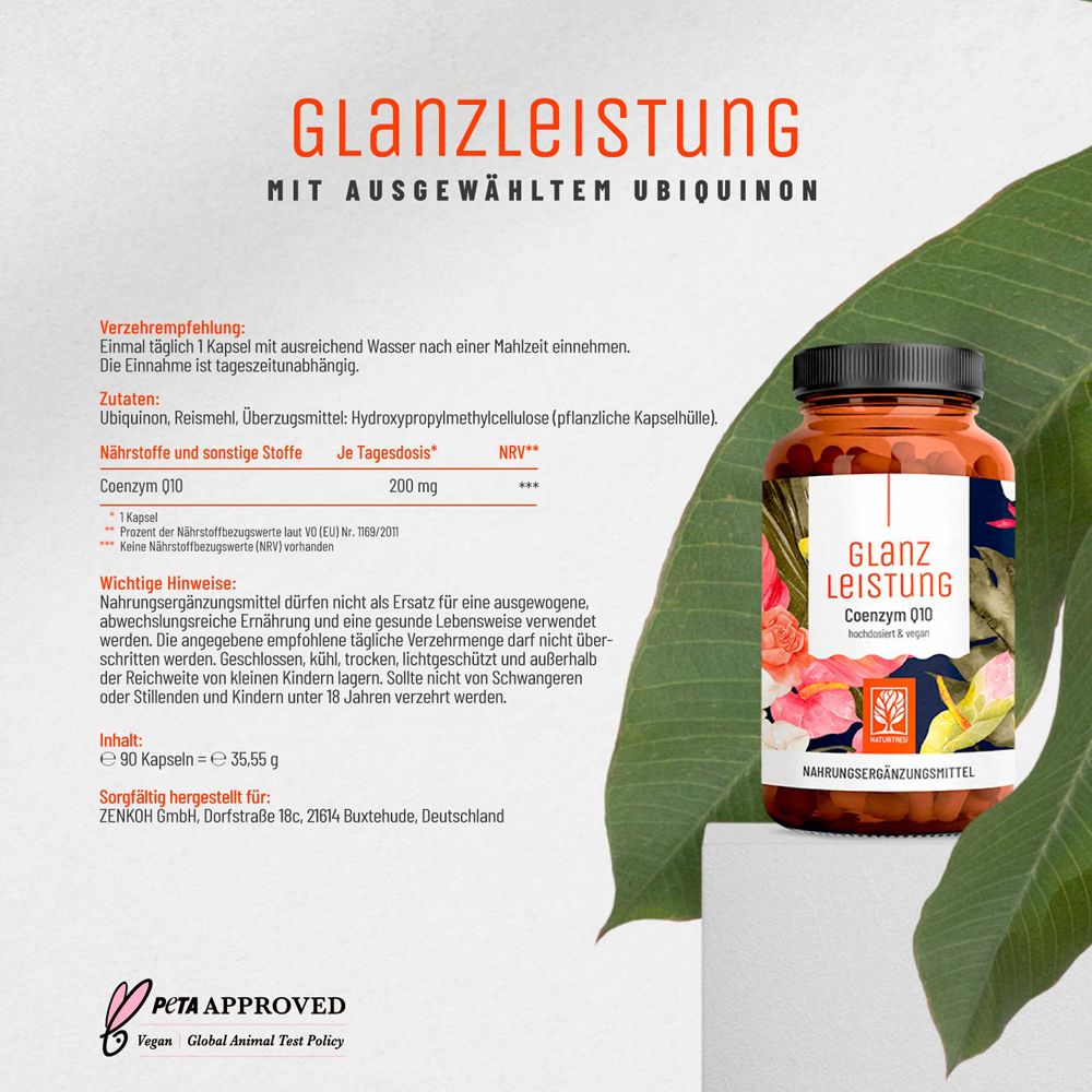 Text mit Flasche. Text: Glanz Leistung, mit ausgewähltem Ubiquinon, 90 Kapseln, PETA Approved.