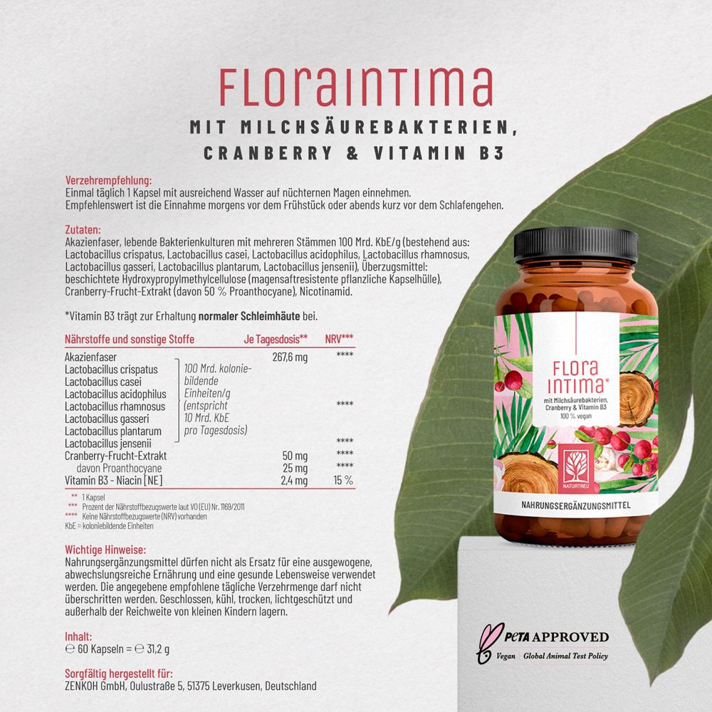 Flasche mit Kapseln. Text: Flora Intima mit Milchsäurebakterien, Cranberry & Vitamin B3. PETA-Logo.