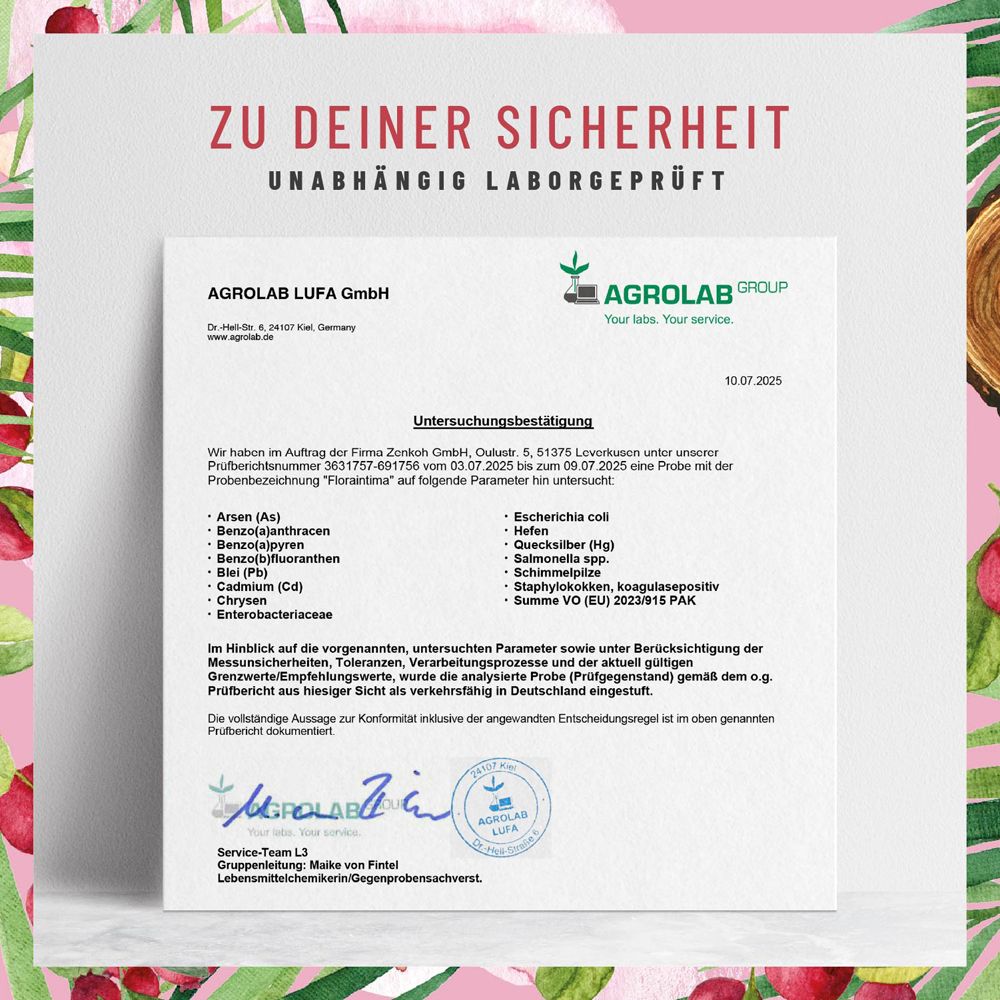 Zertifikat von Agrolab LUFA GmbH. Text: Unabhängig laborgeprüft. Untersuchungsergebnis für Flora Intima.