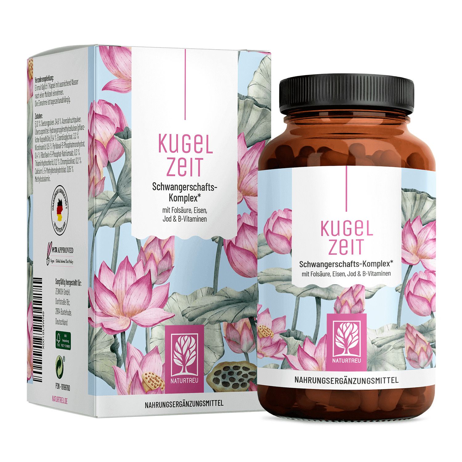 Braune Flasche und Schachtel mit Produktaufdruck. Aufdruck: Kugelzeit, Schwangerschafts-Komplex, NATURTREU®.