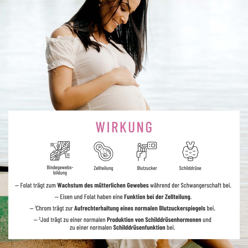 Schwangere Frau hält Bauch. Grafik: Wirkung. Bindegewebe, Zellteilung, Blutzucker, Schilddrüse.
