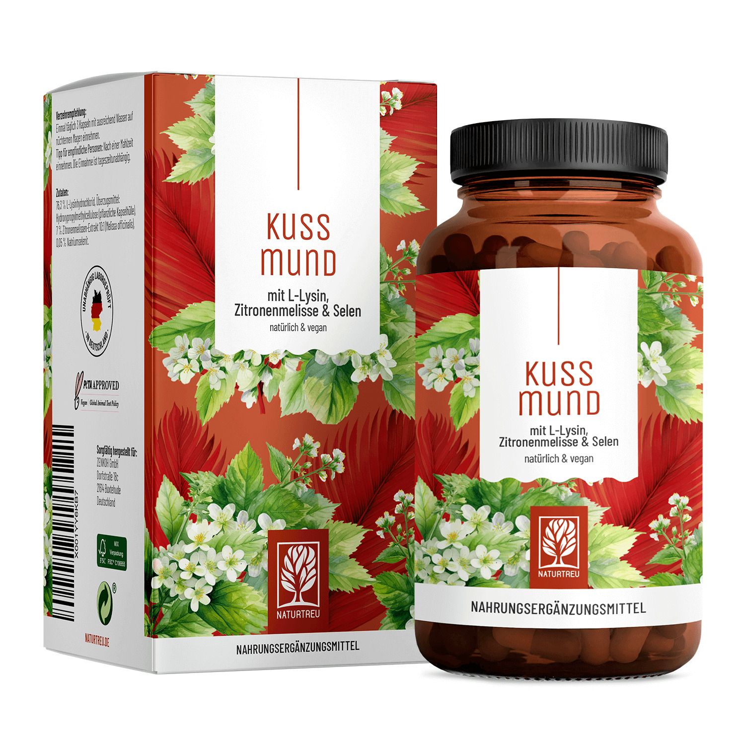 Braune Glasflasche und Karton mit Aufschrift Kussmund, L-Lysin, Zitronenmelisse & Selen. NATURTREU®-Logo.