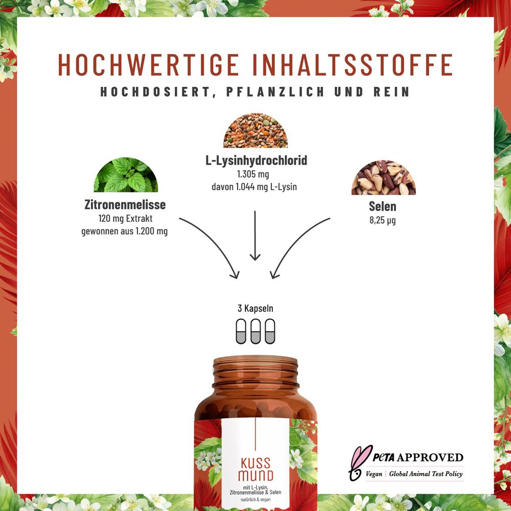 Grafik mit Inhaltsstoffen: L-Lysin, Zitronenmelisse, Selen. 3 Kapseln. PETA-Logo.