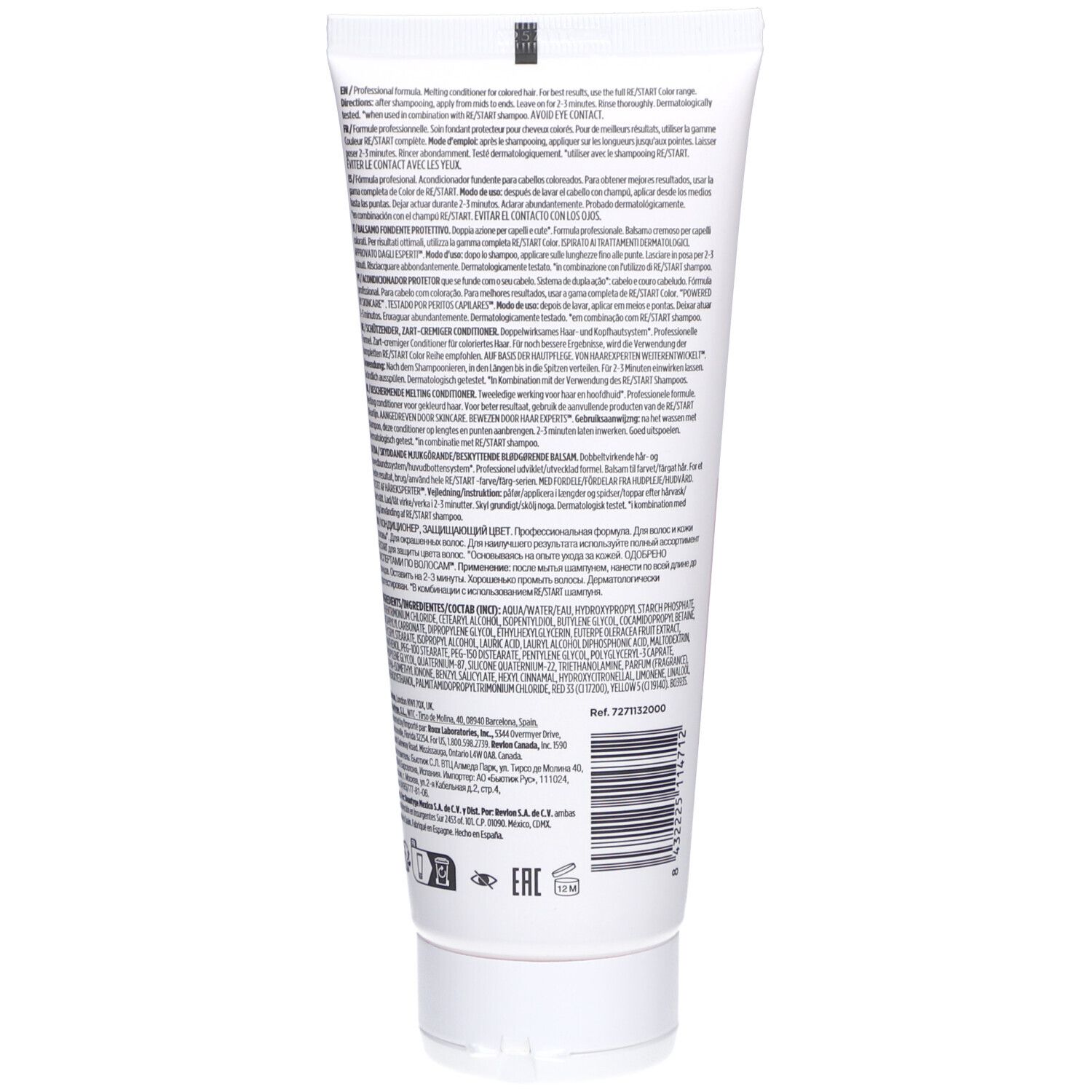 Rückseite der RE/START COLOR Protective Melting Conditioner Tube mit Produktinformationen.