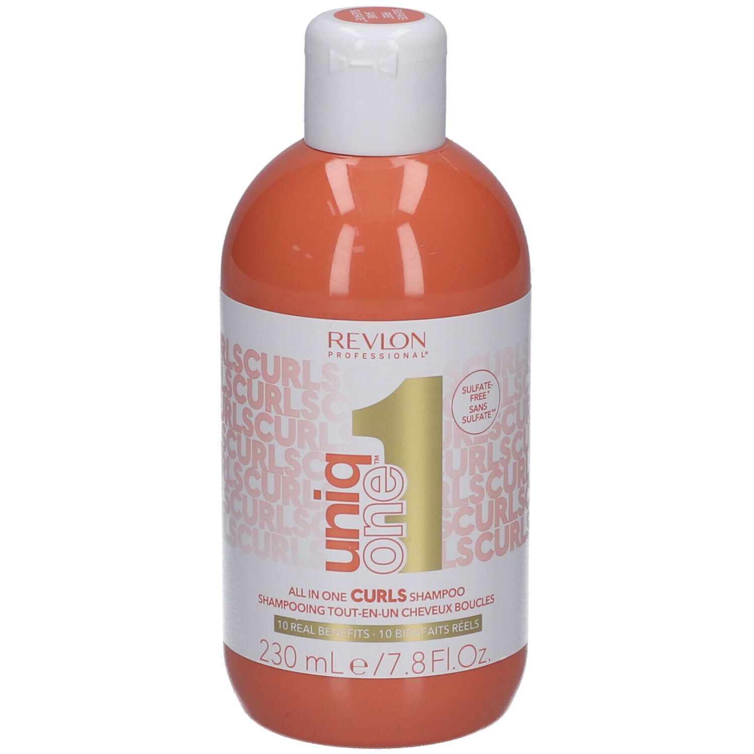 Orangefarbene Flasche mit weißem Deckel. Aufschrift: Revlon Professional, Uniq One Curls Shampoo. 230 ml.