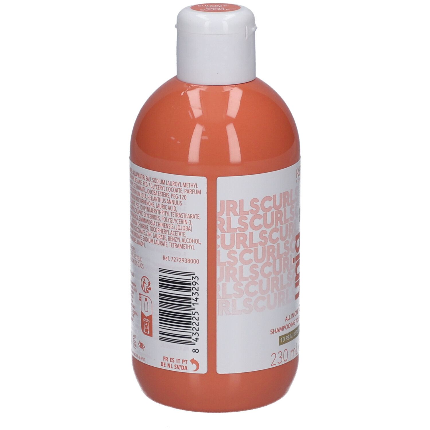 Rückseite einer orangefarbenen Flasche mit weißem Deckel. Text und Barcode. Enthält Inhaltsstoffe und Herstellerinformationen.