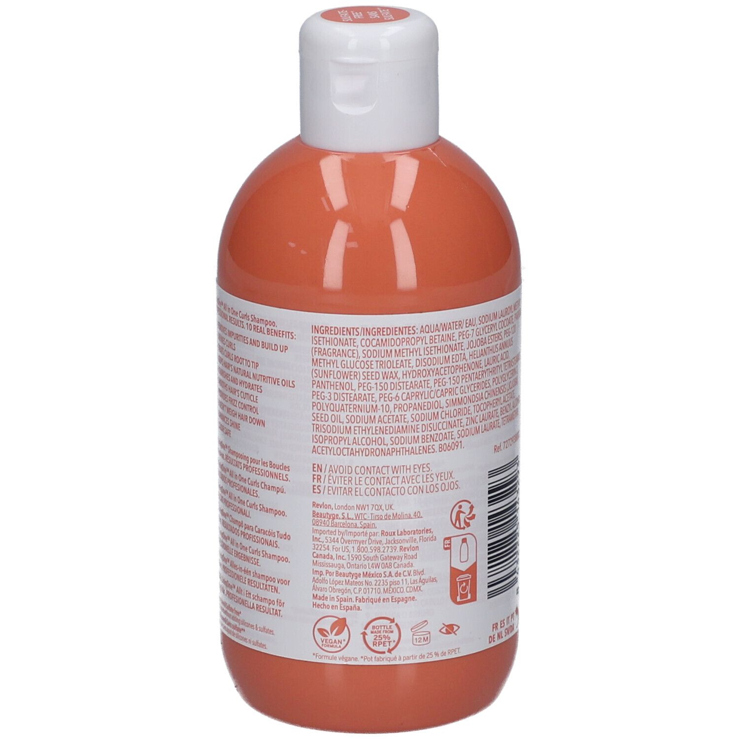 Rückseite einer orangefarbenen Flasche mit weißem Deckel. Enthält Inhaltsstoffe und Herstellerinformationen.