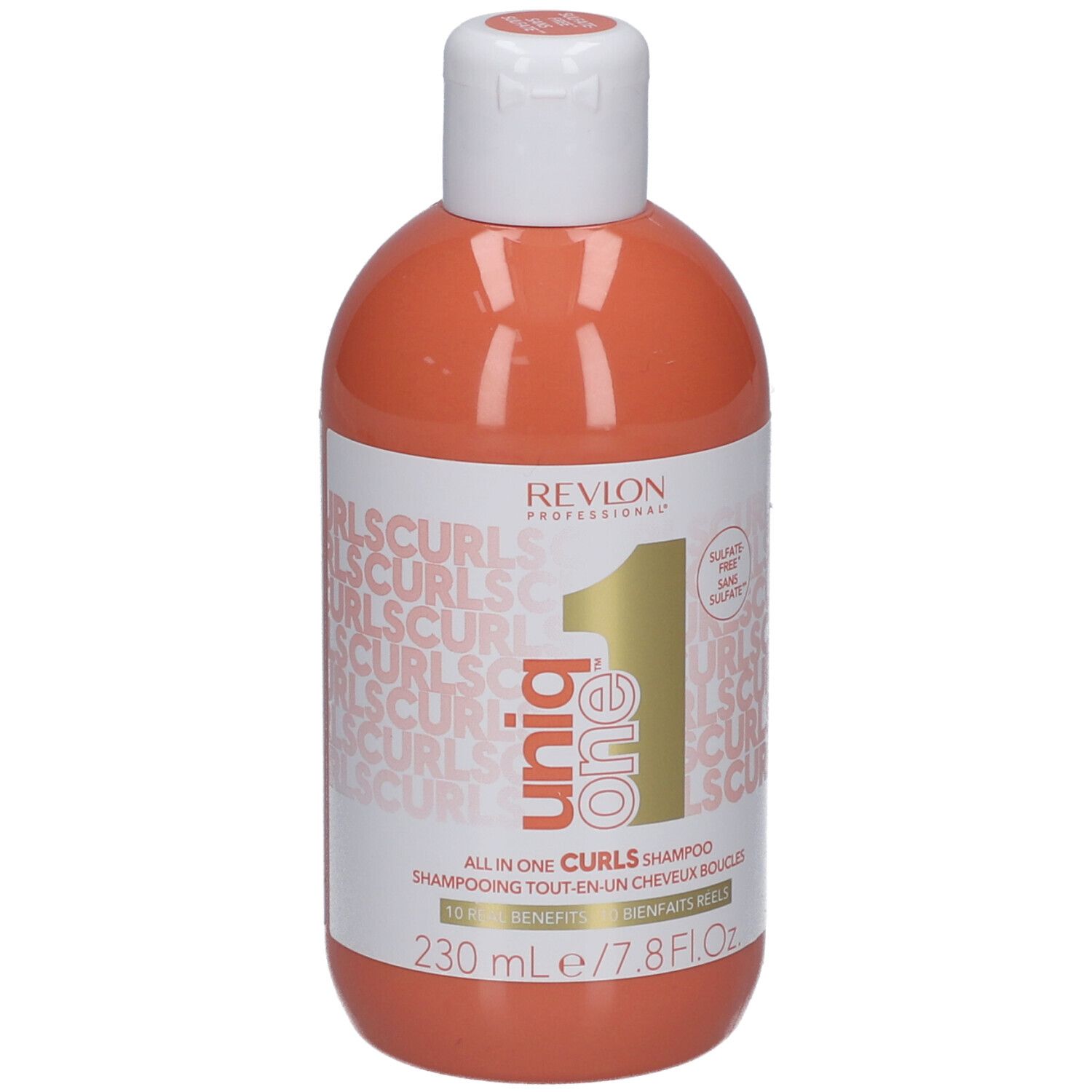 Orangefarbene Flasche mit weißem Deckel. Aufschrift: Revlon Professional, Uniq One Curls Shampoo. 230 ml.