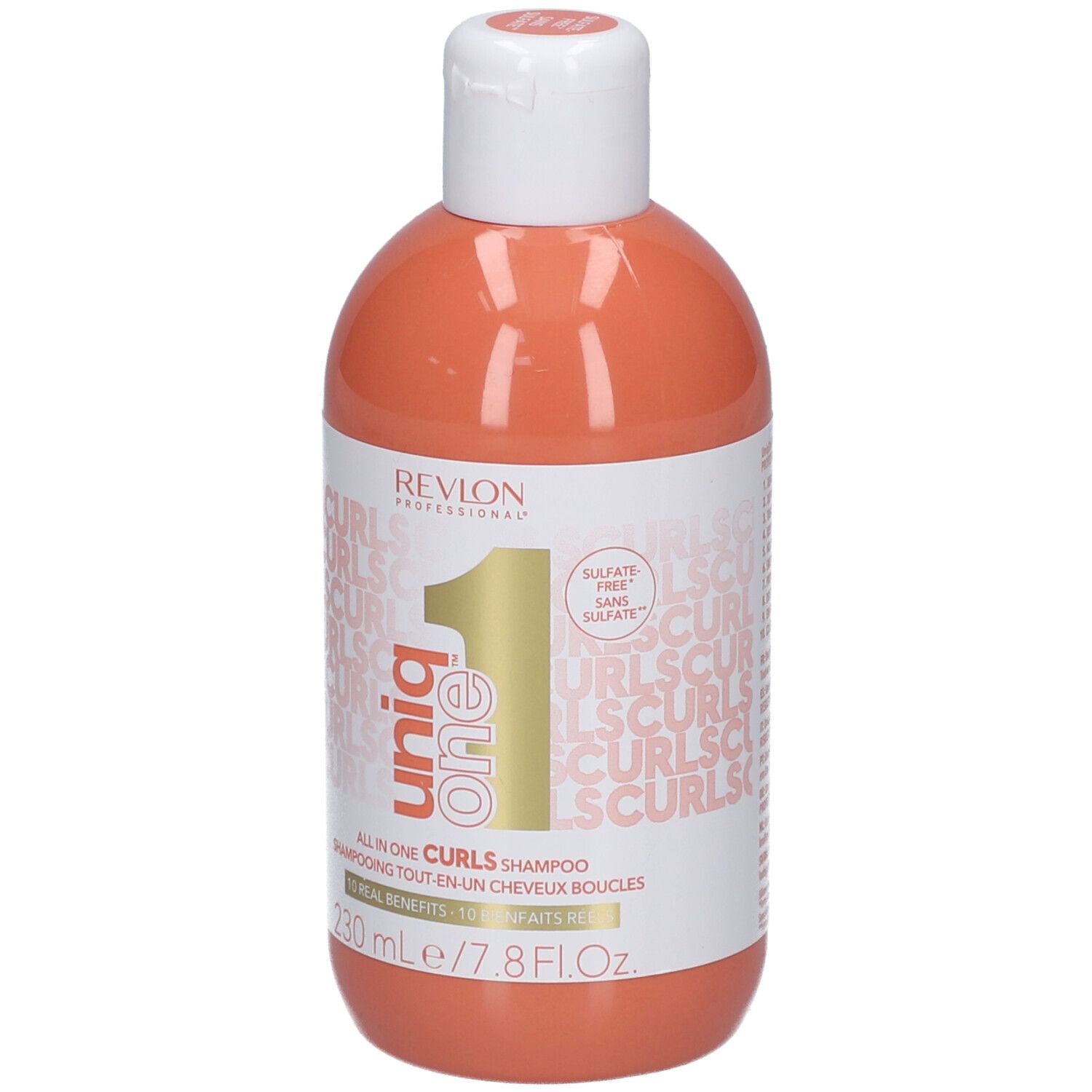 Orangefarbene Flasche mit weißem Deckel. Aufschrift: Revlon Professional, Uniq One Curls Shampoo. 230 ml. Sulfate Free.