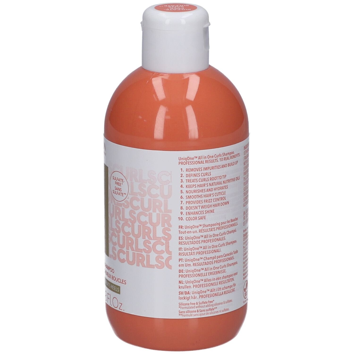 Rückseite einer orangefarbenen Flasche mit weißem Deckel. Aufschrift: UniqOne Curls Shampoo. 10 Vorteile. Text.