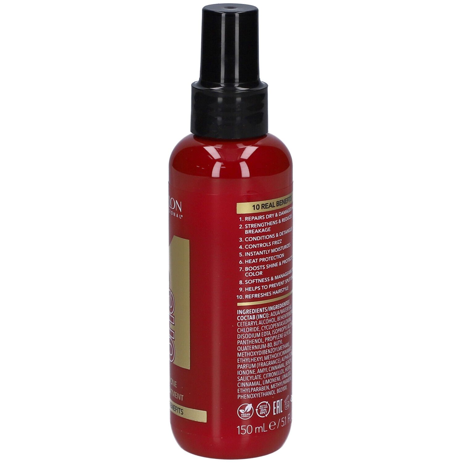 Rote Flasche mit schwarzem Sprühkopf. Rückseite mit Text. Revlon Uniq One Hair Treatment, 150 ml.
