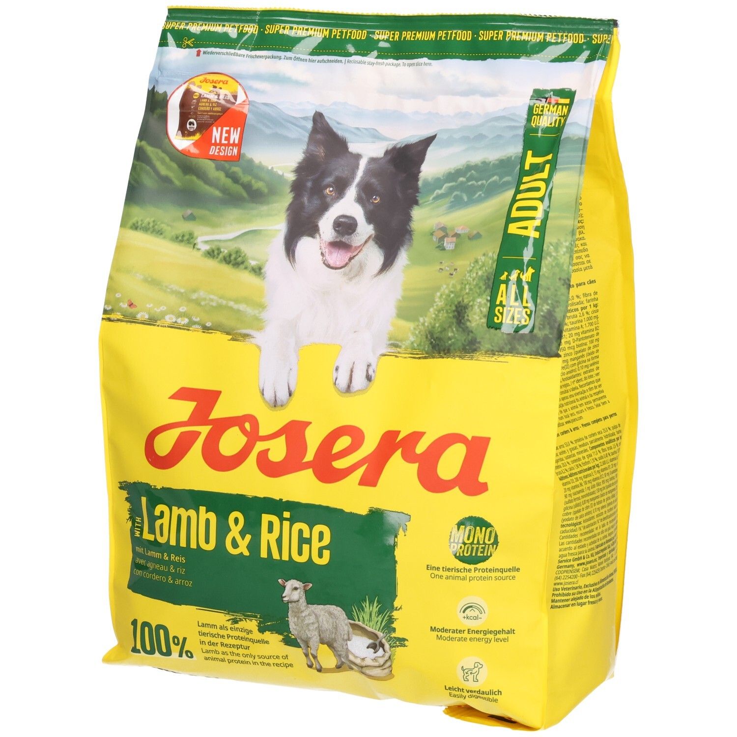 Seitenansicht einer Josera Lamm & Reis Hundefutterpackung mit Informationen und Hundebild.