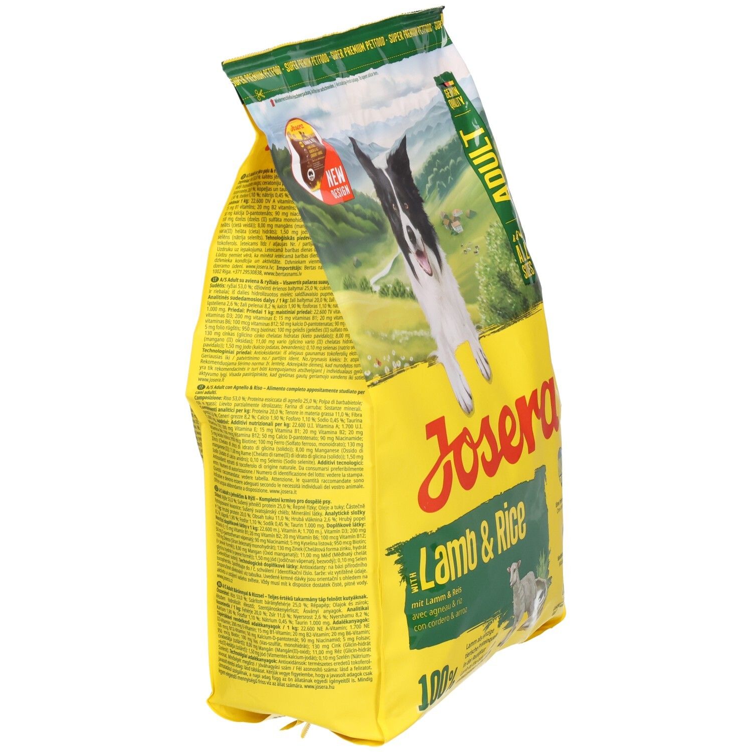Seitenansicht einer Josera "Light & Vital" Hundefutterpackung mit Informationen und Hundebild.