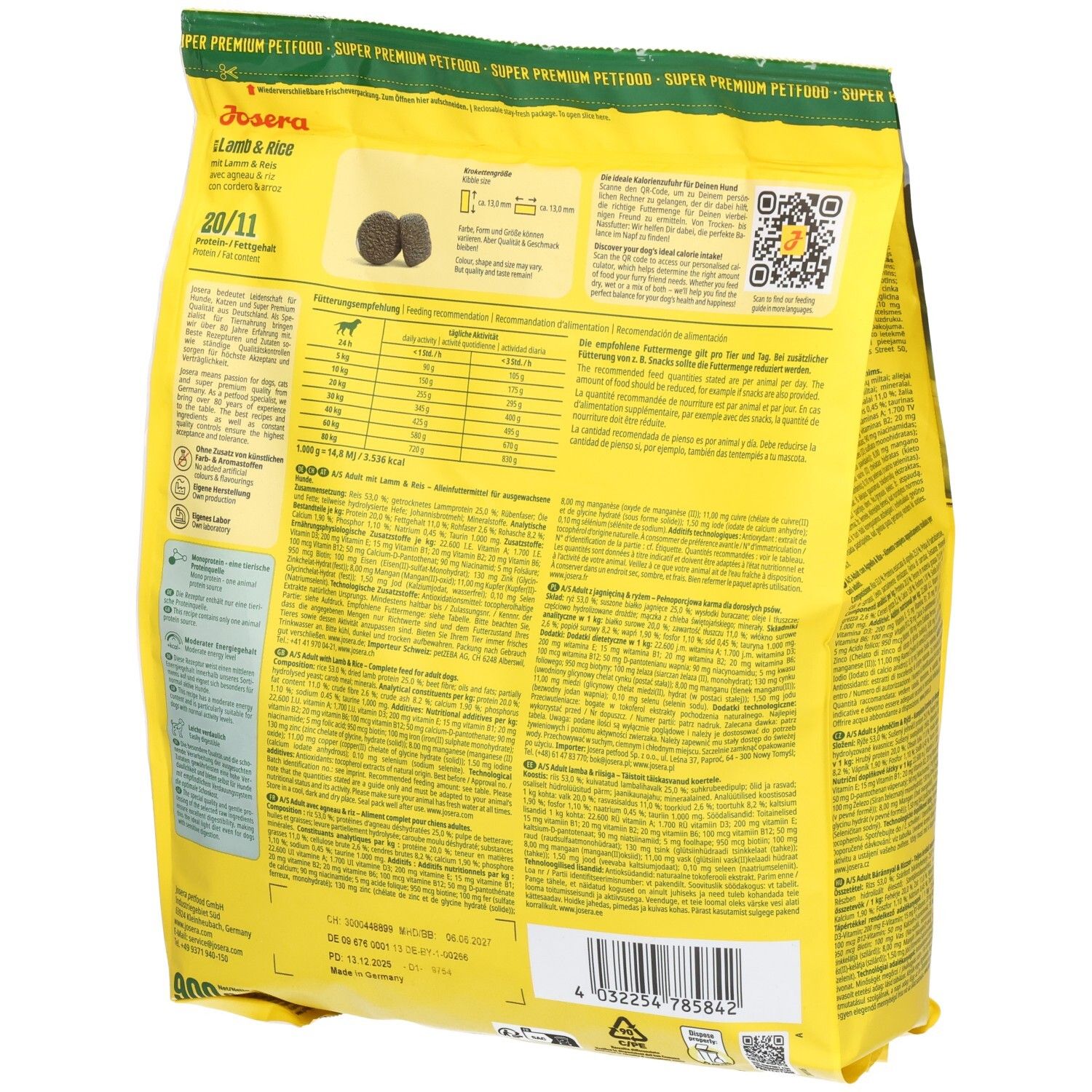 Rückseite einer Josera Lamm & Reis Hundefutterpackung mit Nährwertangaben und Fütterungstabelle.