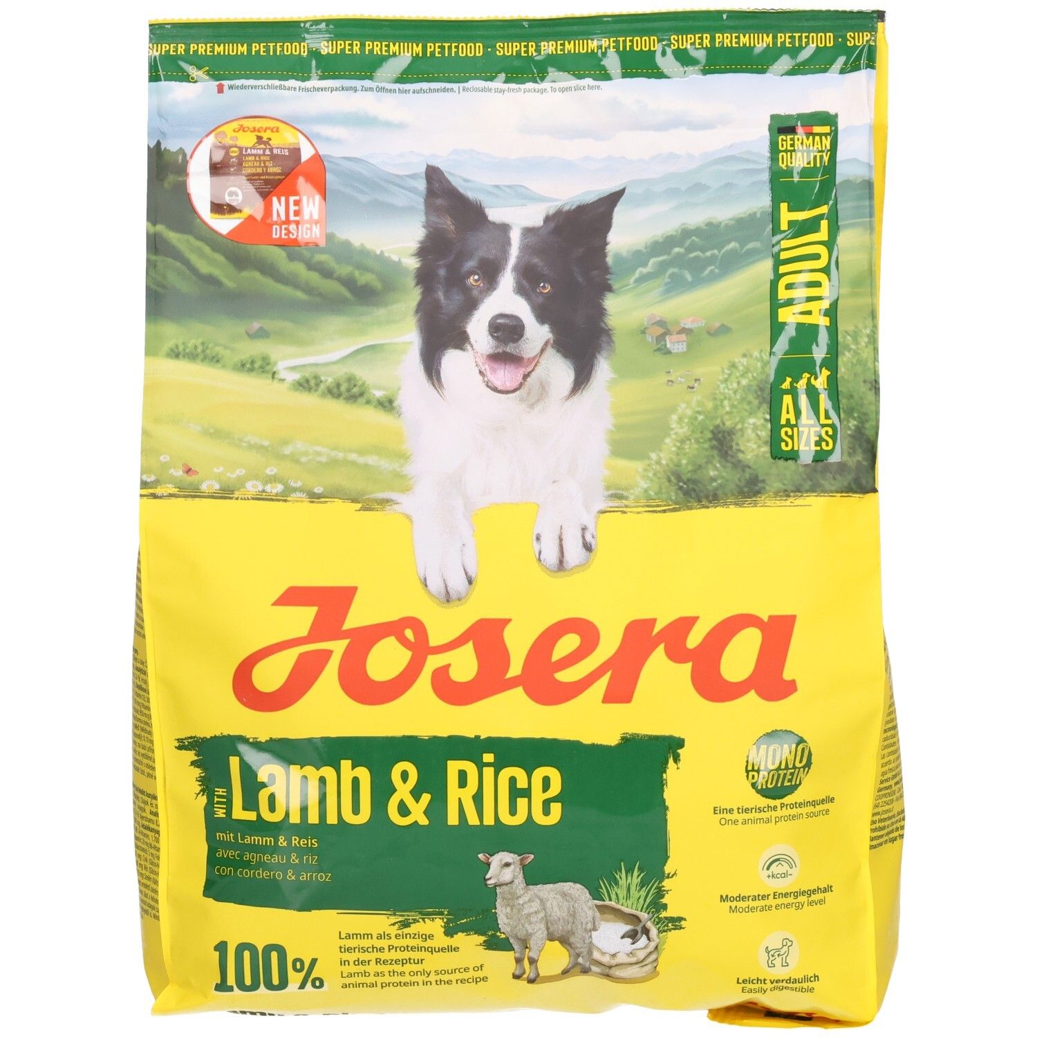 Josera Hundefutterpackung Lamm & Reis für erwachsene Hunde, mit Bild eines Border Collies und Lamm.