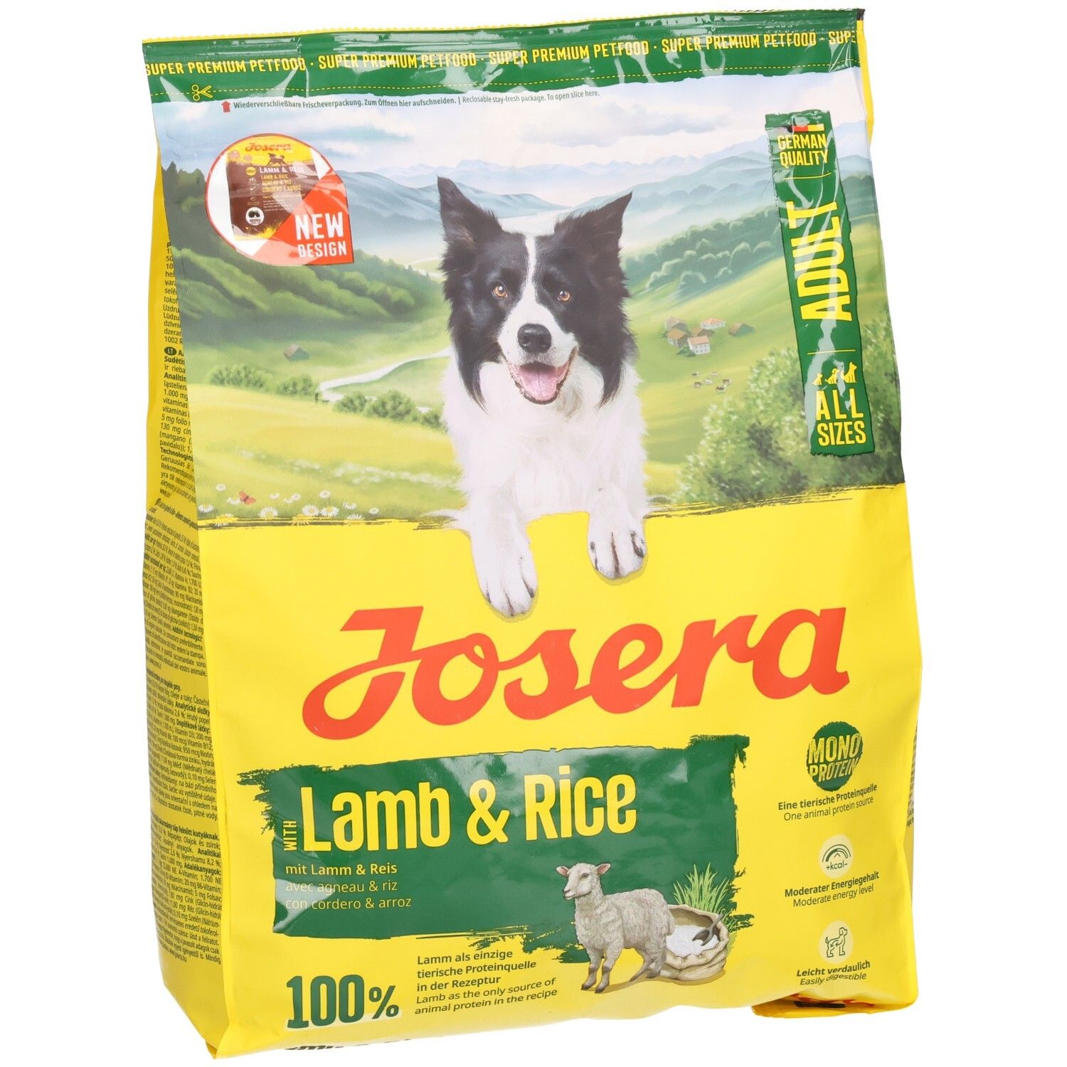 Josera Hundefutterpackung "Chicken & Rice" für erwachsene Hunde, mit Bild eines Jack Russell Terriers und Huhn.