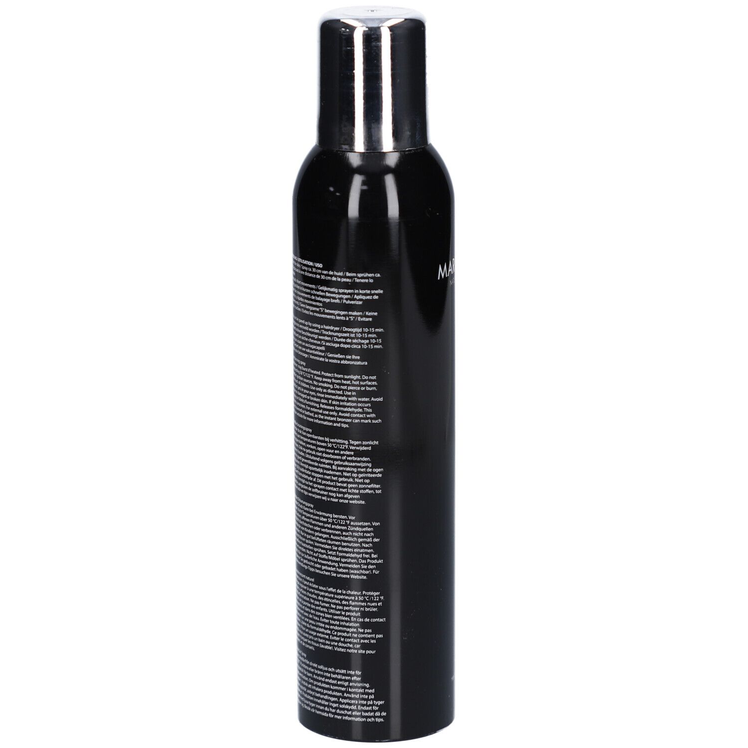 Schwarze Sprühflasche mit silbernem Deckel. Text auf der Seite. Etikett mit Text in mehreren Sprachen.