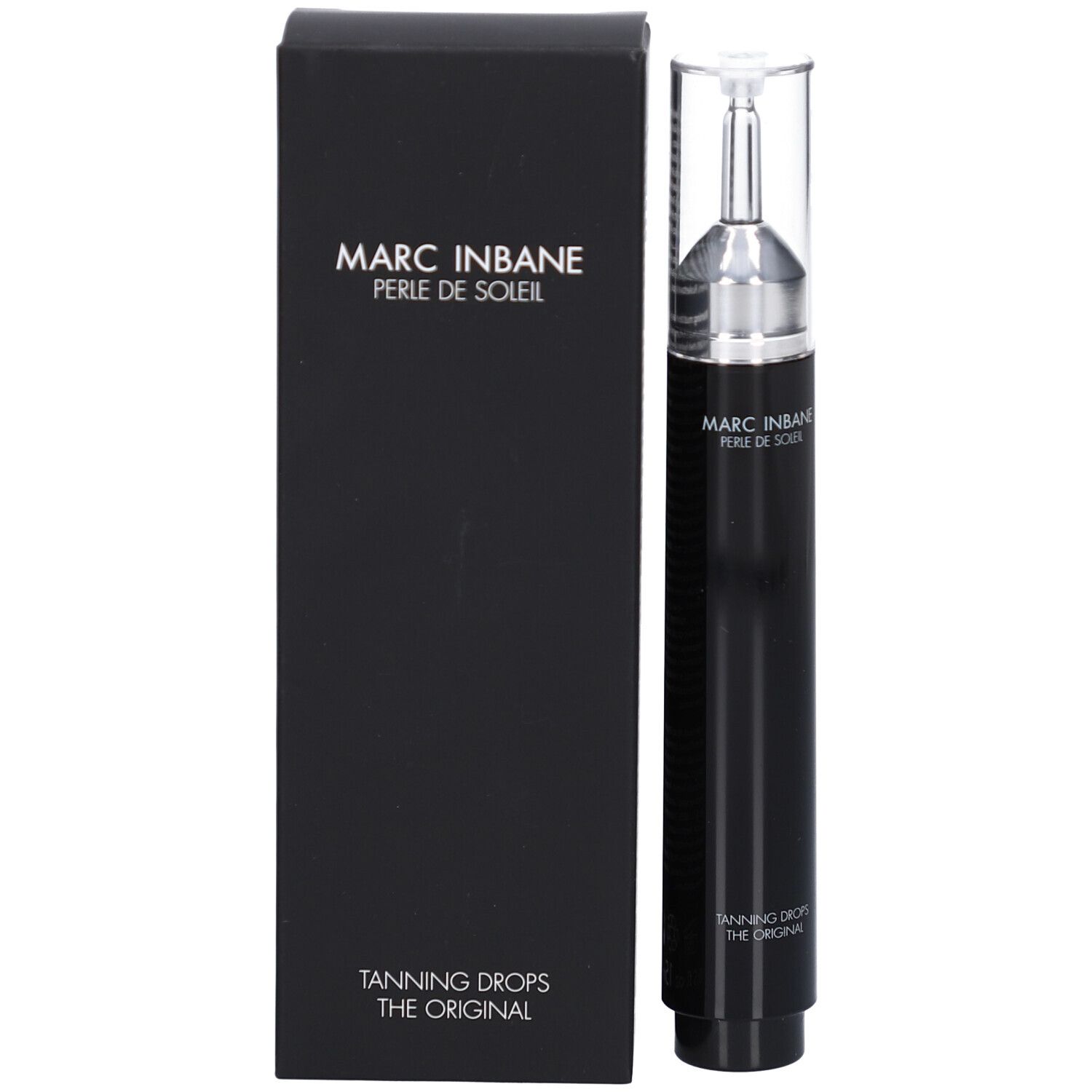 Schwarze Schachtel und Flasche. Auf der Schachtel: Marc Inbane, Perle de Soleil. Flasche mit Applikator.