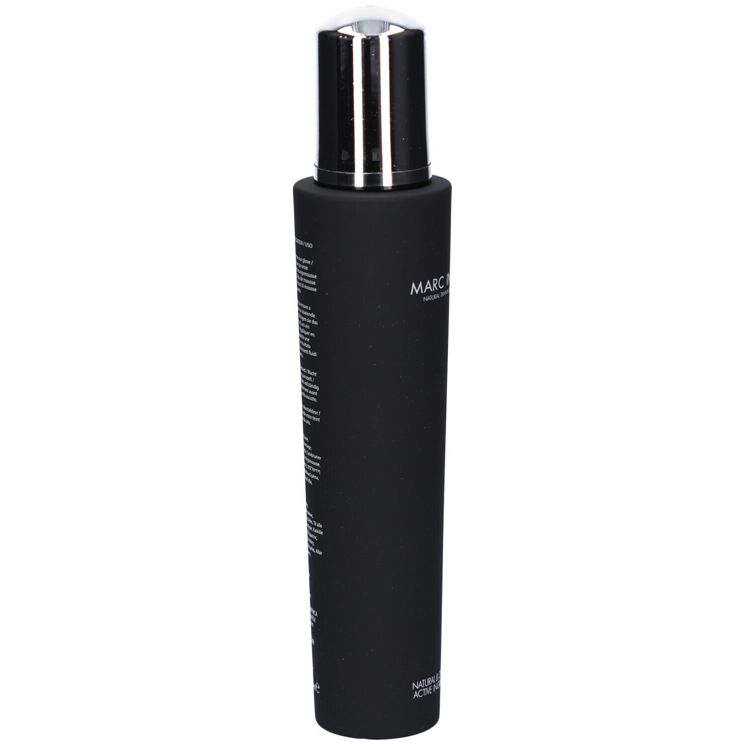 Schwarze Flasche mit silbernem Deckel. Text in Weiß. Produktname nicht erkennbar. Aufschrift in mehreren Sprachen.