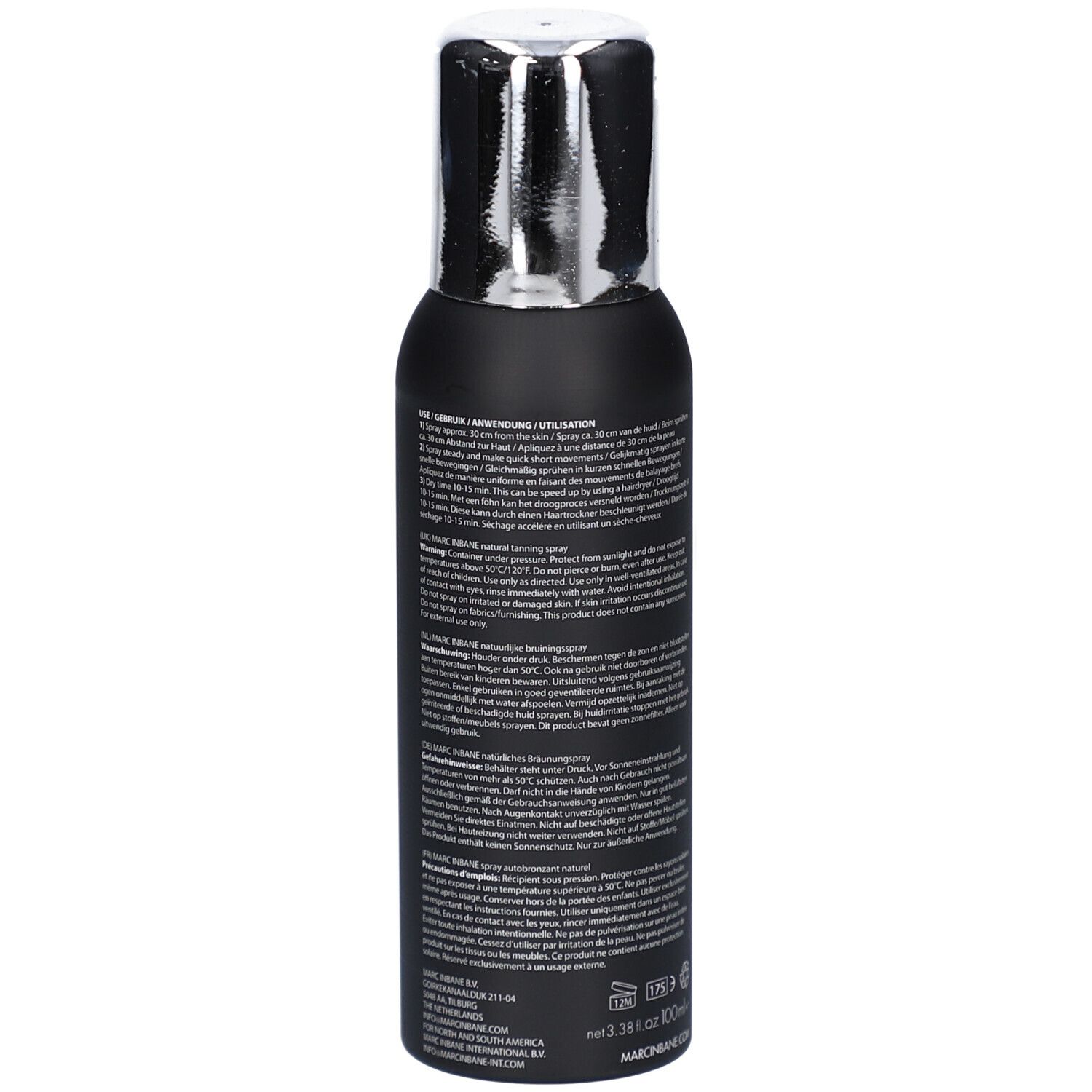 Schwarze Sprühflasche mit silbernem Deckel. Text auf der Flasche. MARC INBANE. Hyaluronic Tanning Spray.