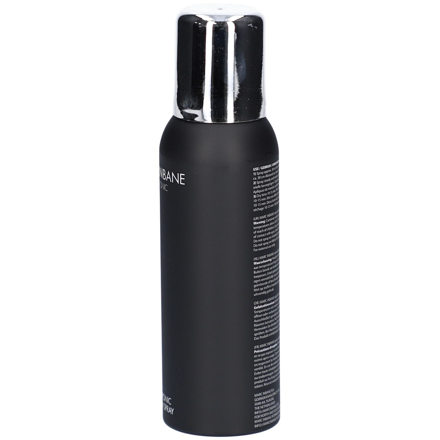 Schwarze Sprühflasche mit silbernem Deckel. Text auf der Flasche. MARC INBANE. Hyaluronic Tanning Spray.