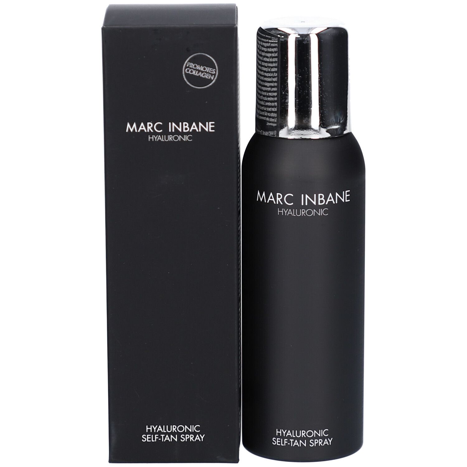 Schwarze Flasche und Schachtel. MARC INBANE. Hyaluronic. Hyaluronic Self-Tan Spray. Fördert Kollagen.