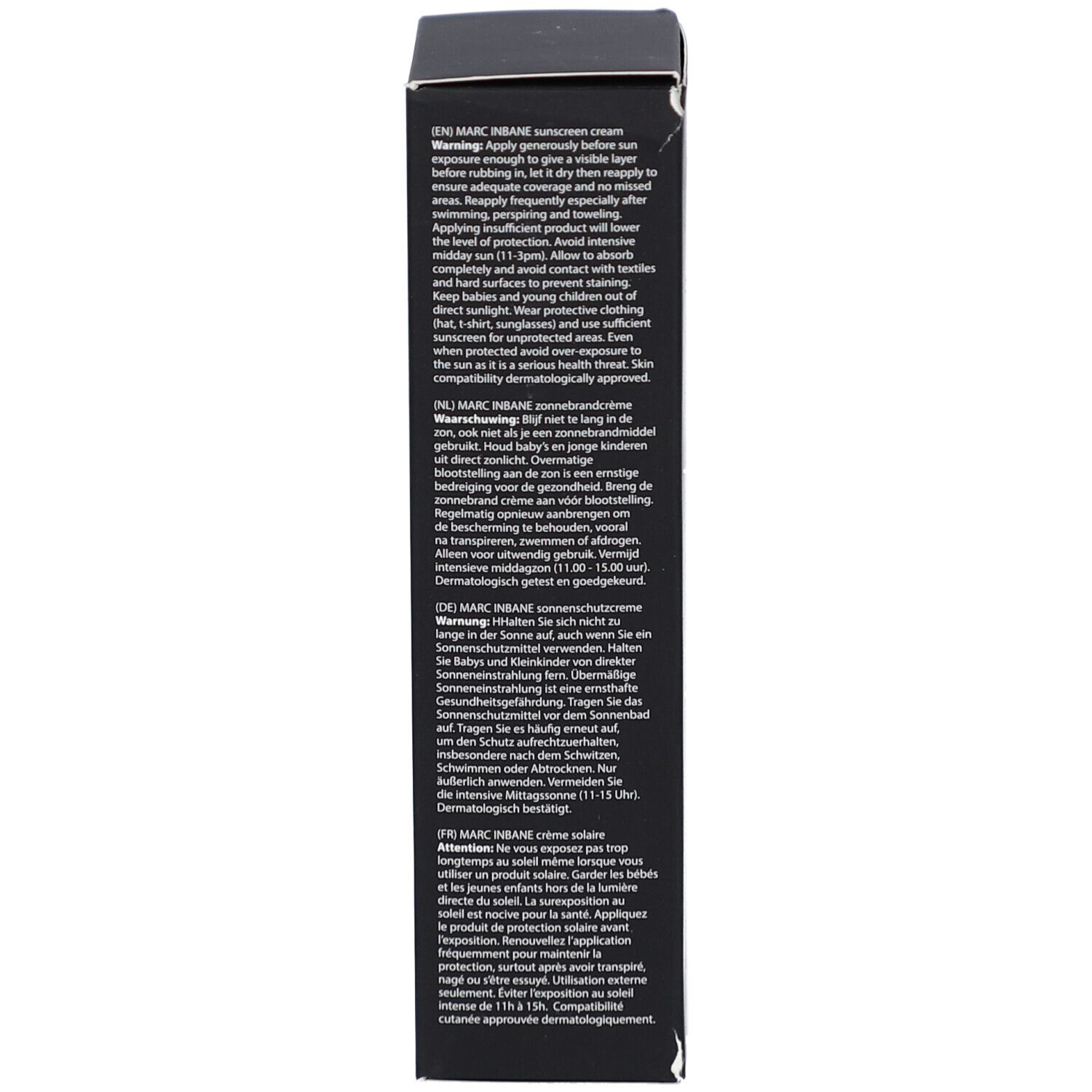 Seite der schwarzen Schachtel. Text in mehreren Sprachen. Enthält Warnhinweise und Anwendungshinweise.