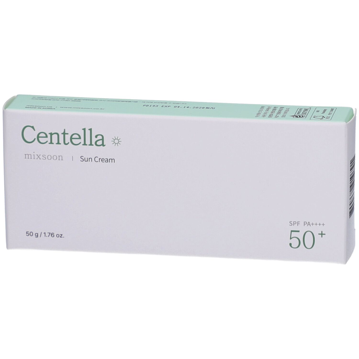 Weiße Schachtel mit grünem Deckel. Aufschrift: Centella, mixsoon, Sun Cream, 50+, SPF PA++++. 50 g / 1.76 oz.