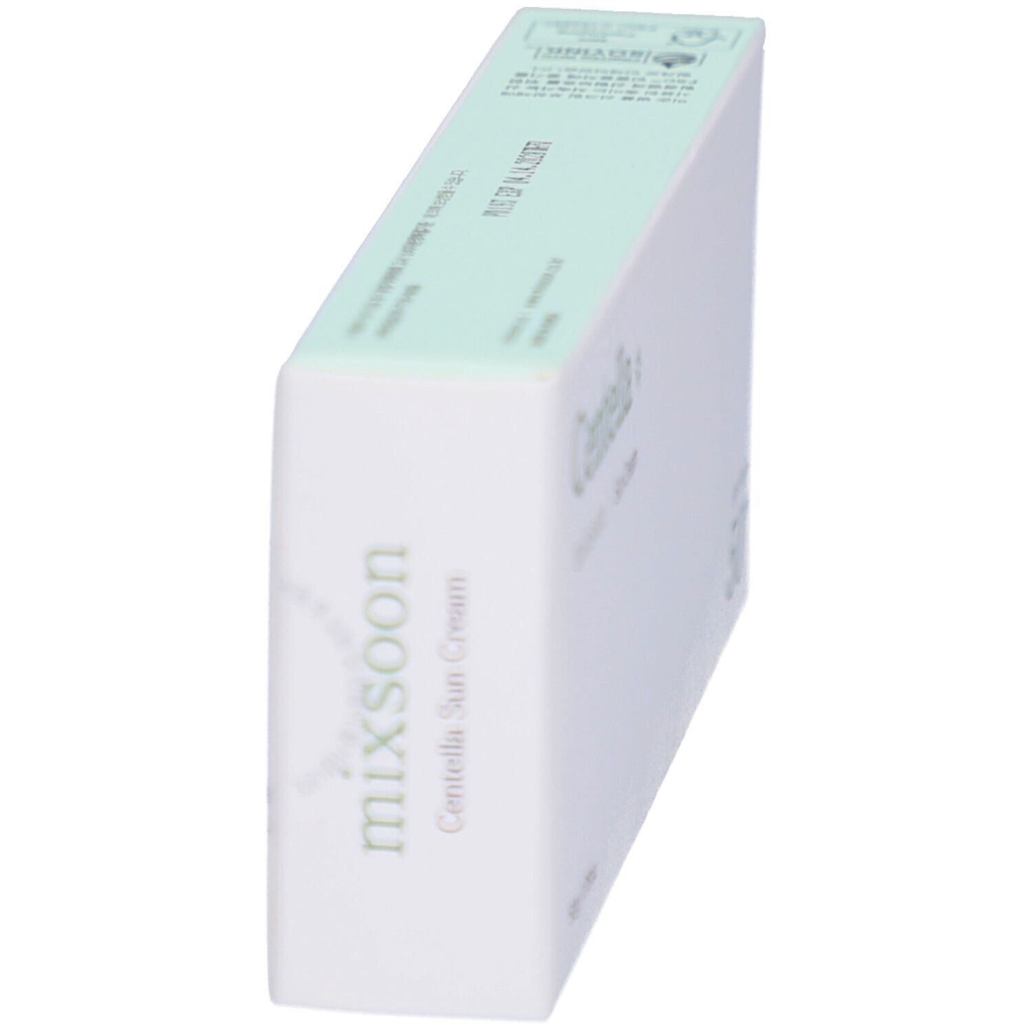Weiße Schachtel, grünliche Oberseite. Aufschrift: mixsoon, Centella Sun Cream. Seitenansicht.
