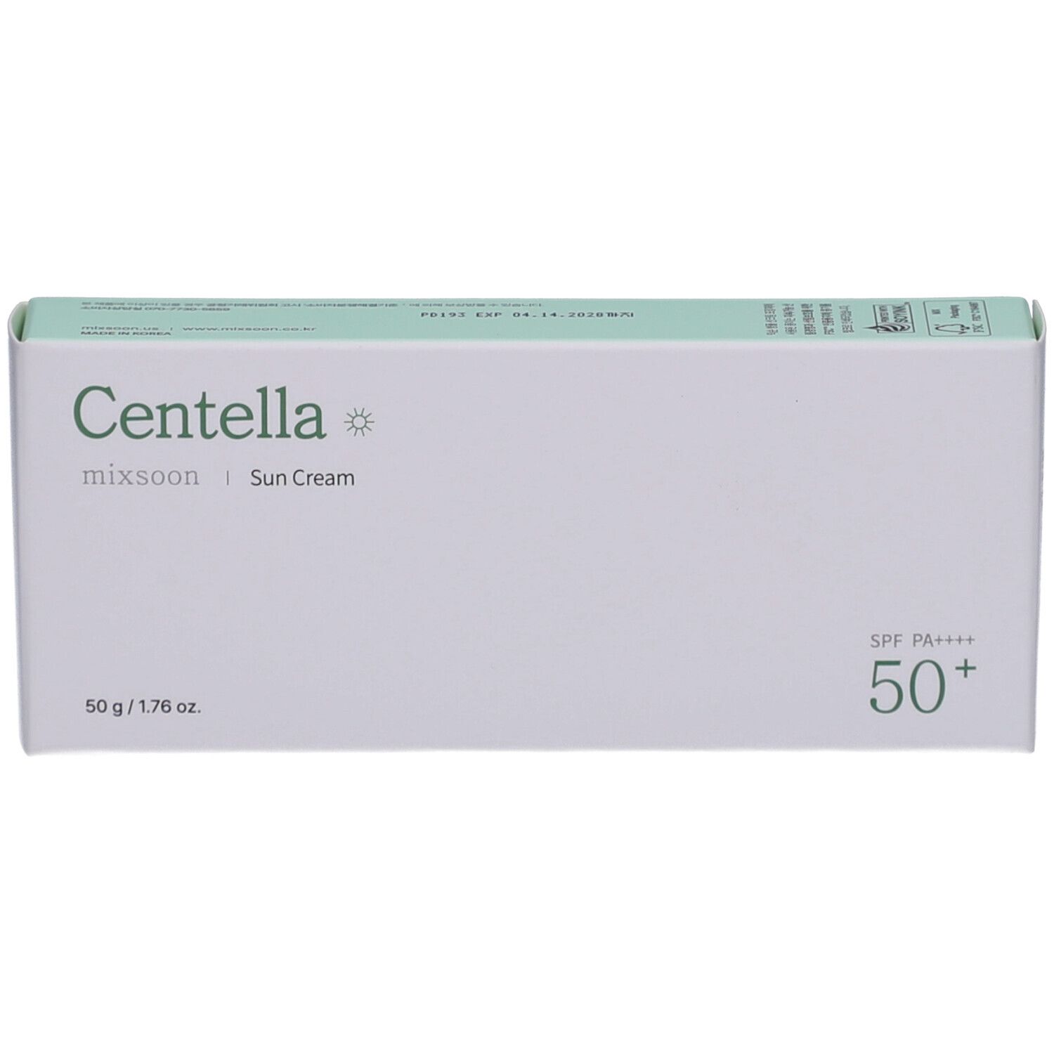 Weiße Schachtel mit grünem Deckel. Aufschrift: Centella, mixsoon, Sun Cream, 50+, SPF PA++++. 50 g / 1.76 oz.