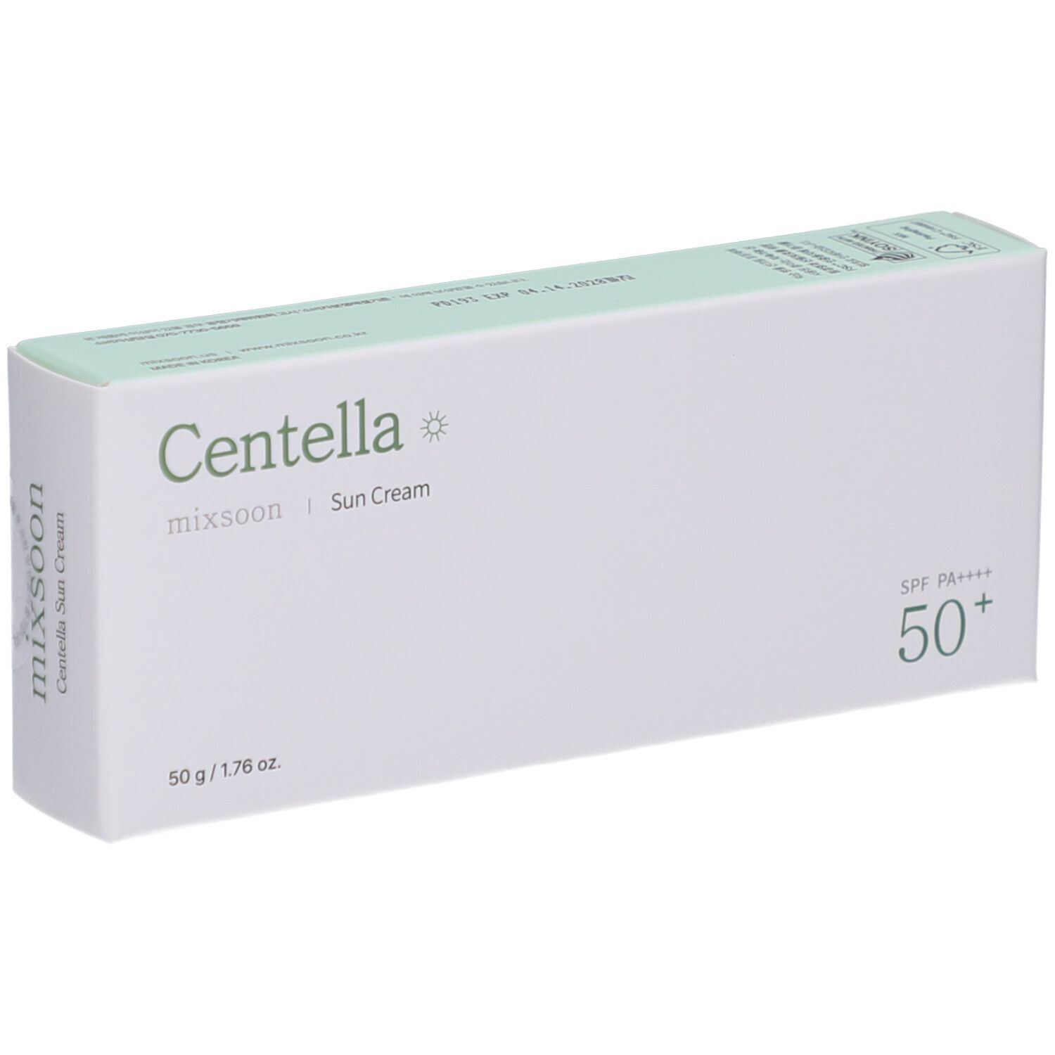 Weiße Schachtel mit grünem Deckel. Aufschrift: Centella, mixsoon, Sun Cream, 50+, SPF PA++++. 50 g / 1.76 oz.