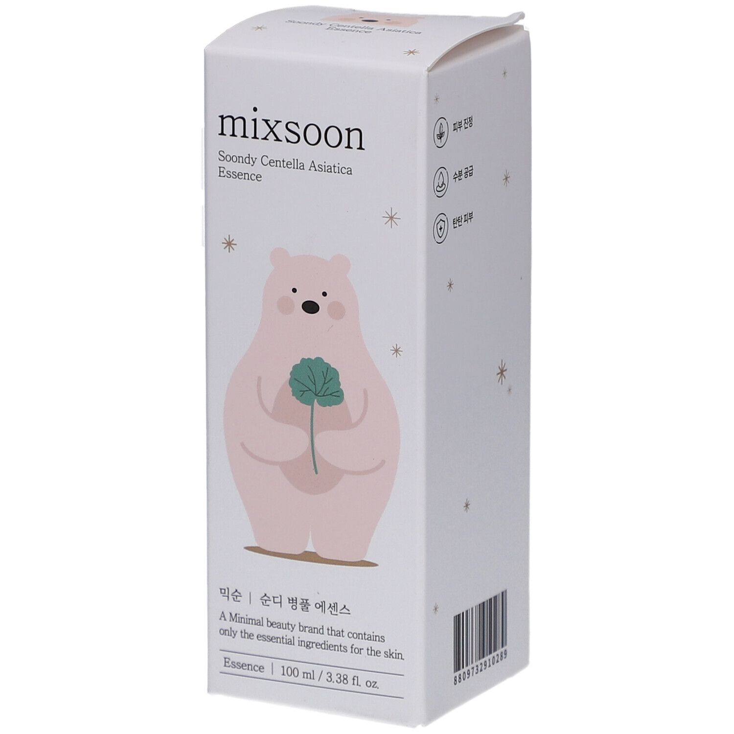 Weißer Karton mit Bär-Illustration. Text: mixsoon, Soondy Centella Asiatica Essence. Barcode unten.