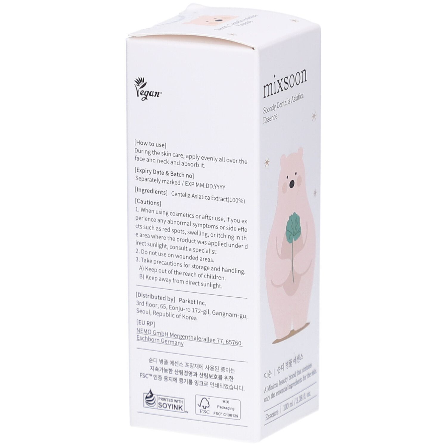 Rückseite der weißen Box. Text: mixsoon, Soondy Centella Asiatica Essence. Vegan-Logo. Gebrauchsanweisung.